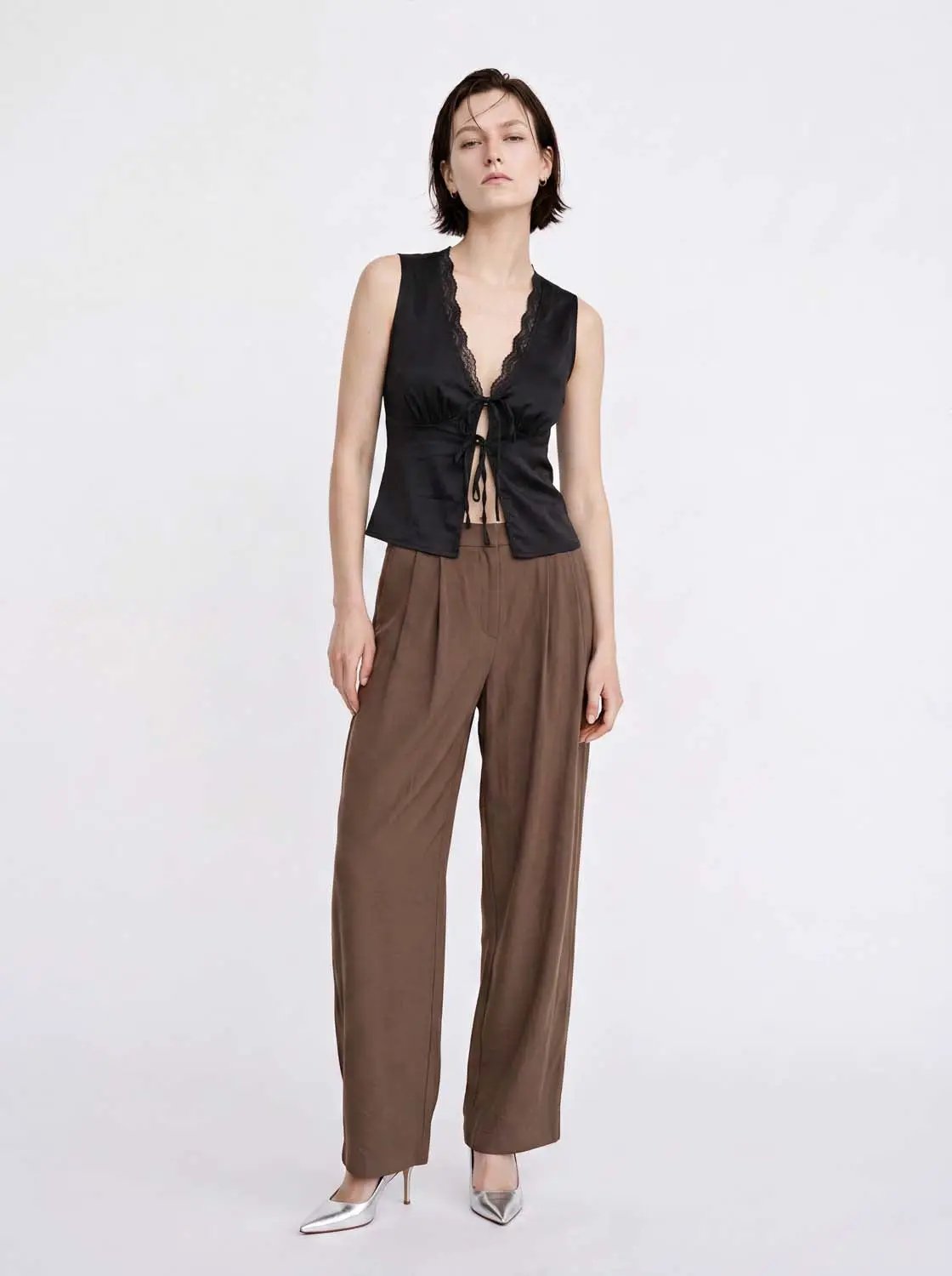 V-neck Lace Panel Tie Front Cami Top