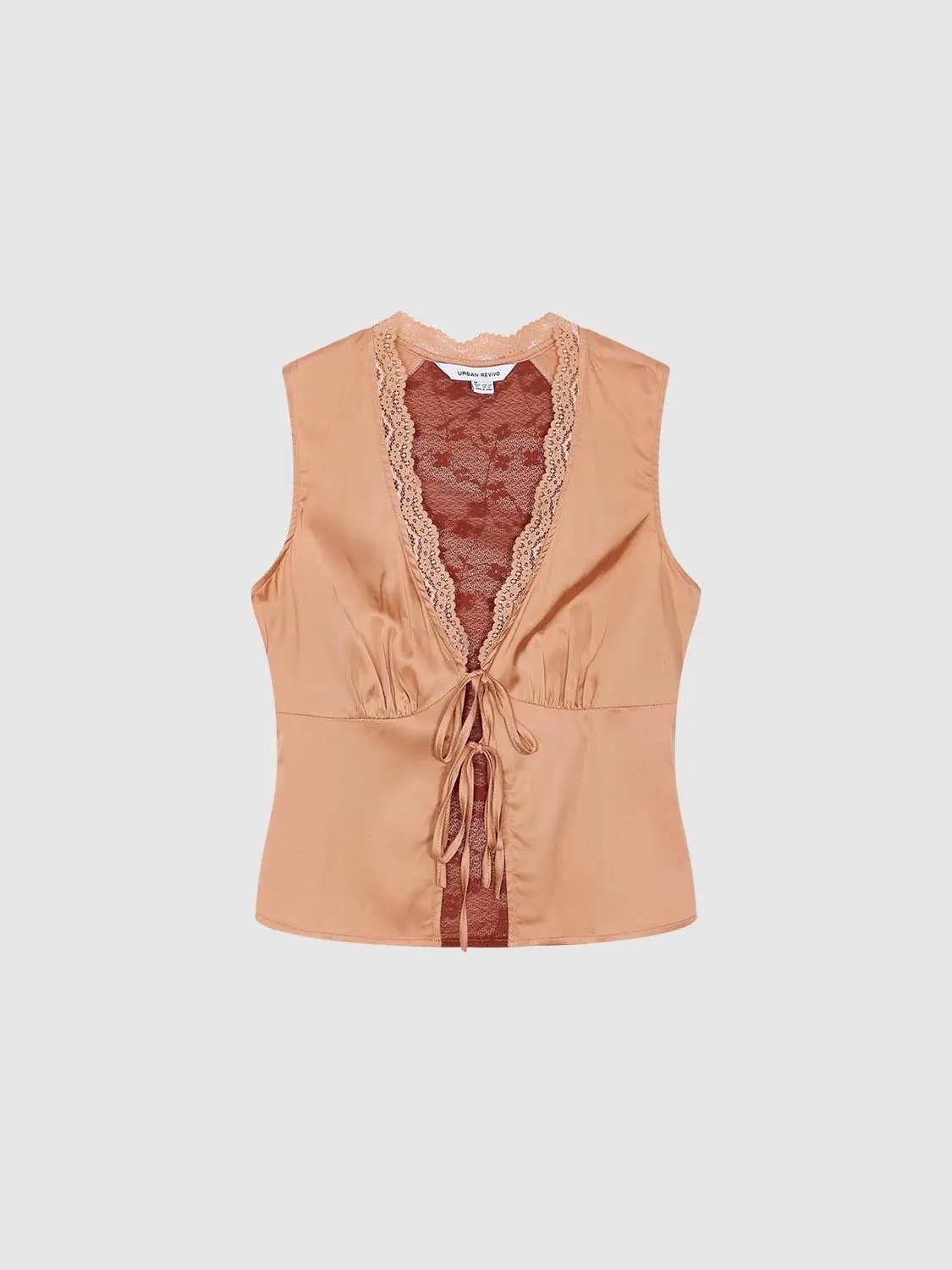 V-neck Lace Panel Tie Front Cami Top