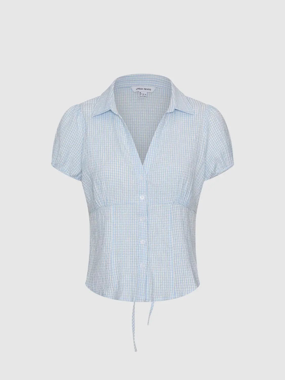 Drawstring Checked Shirt Collar Short Sleeve Shirt