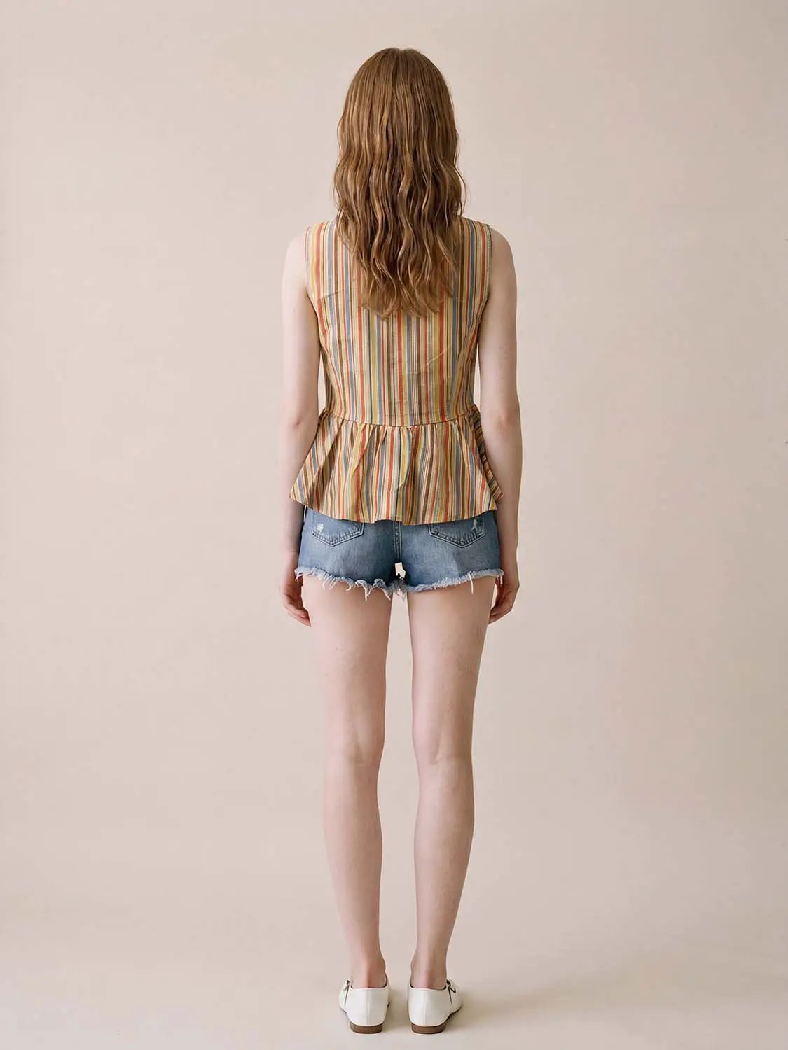 Striped Tie-Front Peplum Sleeveless Shirt
