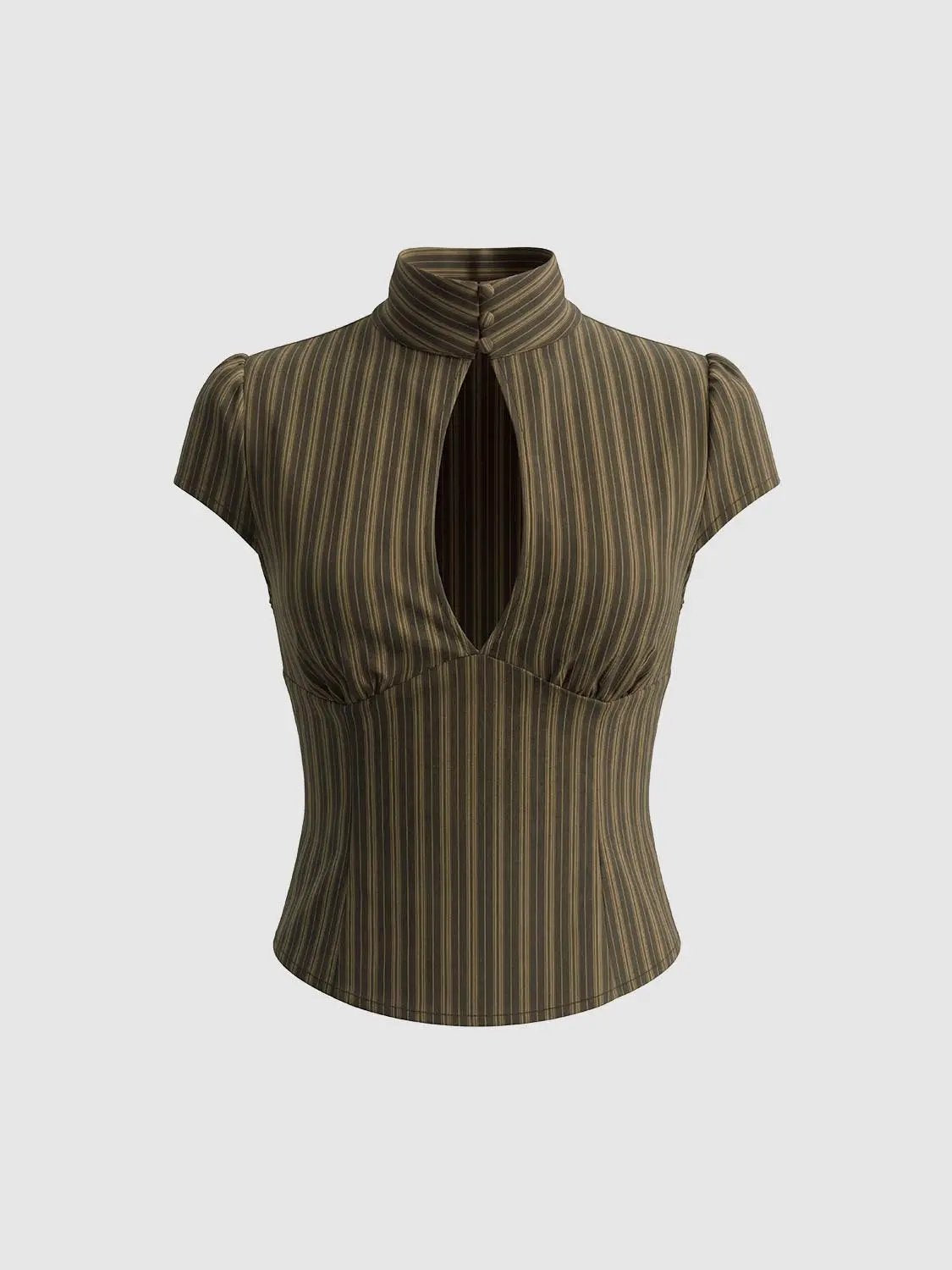 Striped Keyhole Mock Neck Short Sleeve Blouse