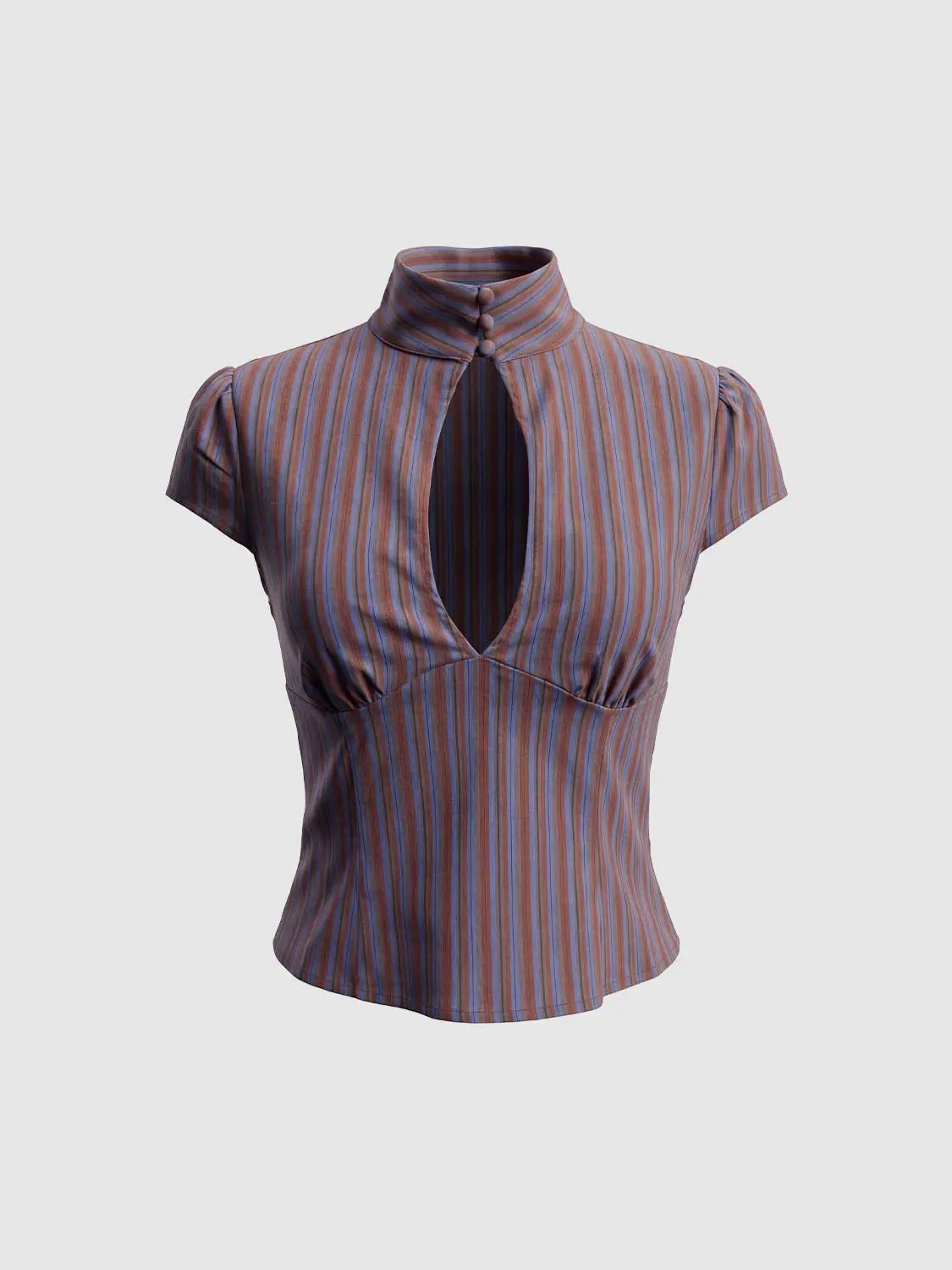 Keyhole Striped Fitted Mock Neck Short Sleeve Blouse