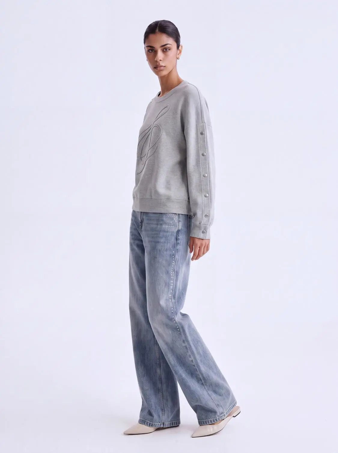 Round Neck Drop Shoulder Side Snap Button Cotton Sweatshirt