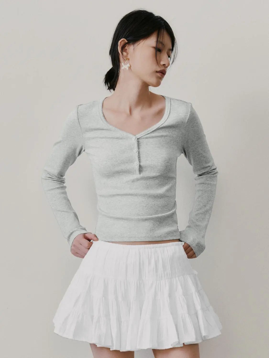Henley Neck Slim Fit Cropped Long Sleeve Basic Top