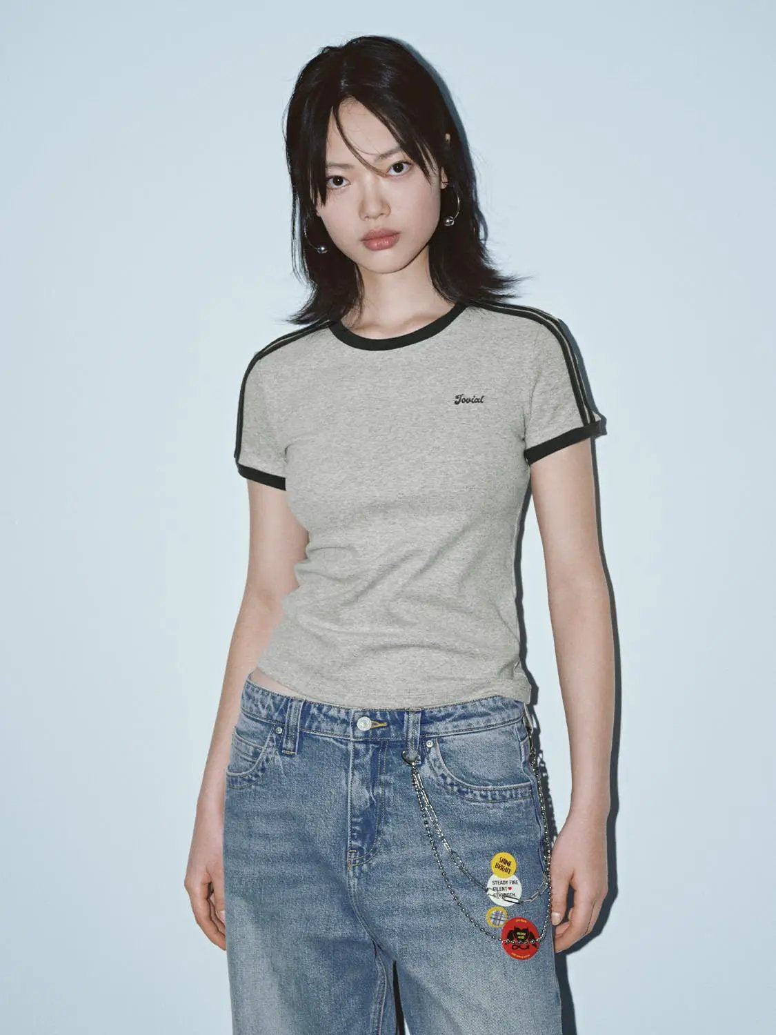 Short Sleeve Contrast Trim Fitted Waist Cotton T-Shirt