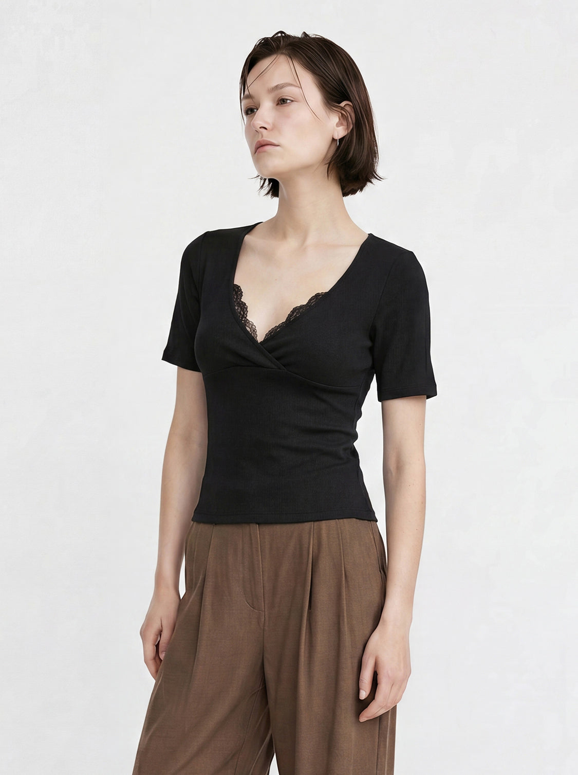 Lace Trim Wrap V Neck Short Sleeve Cropped Slim Top