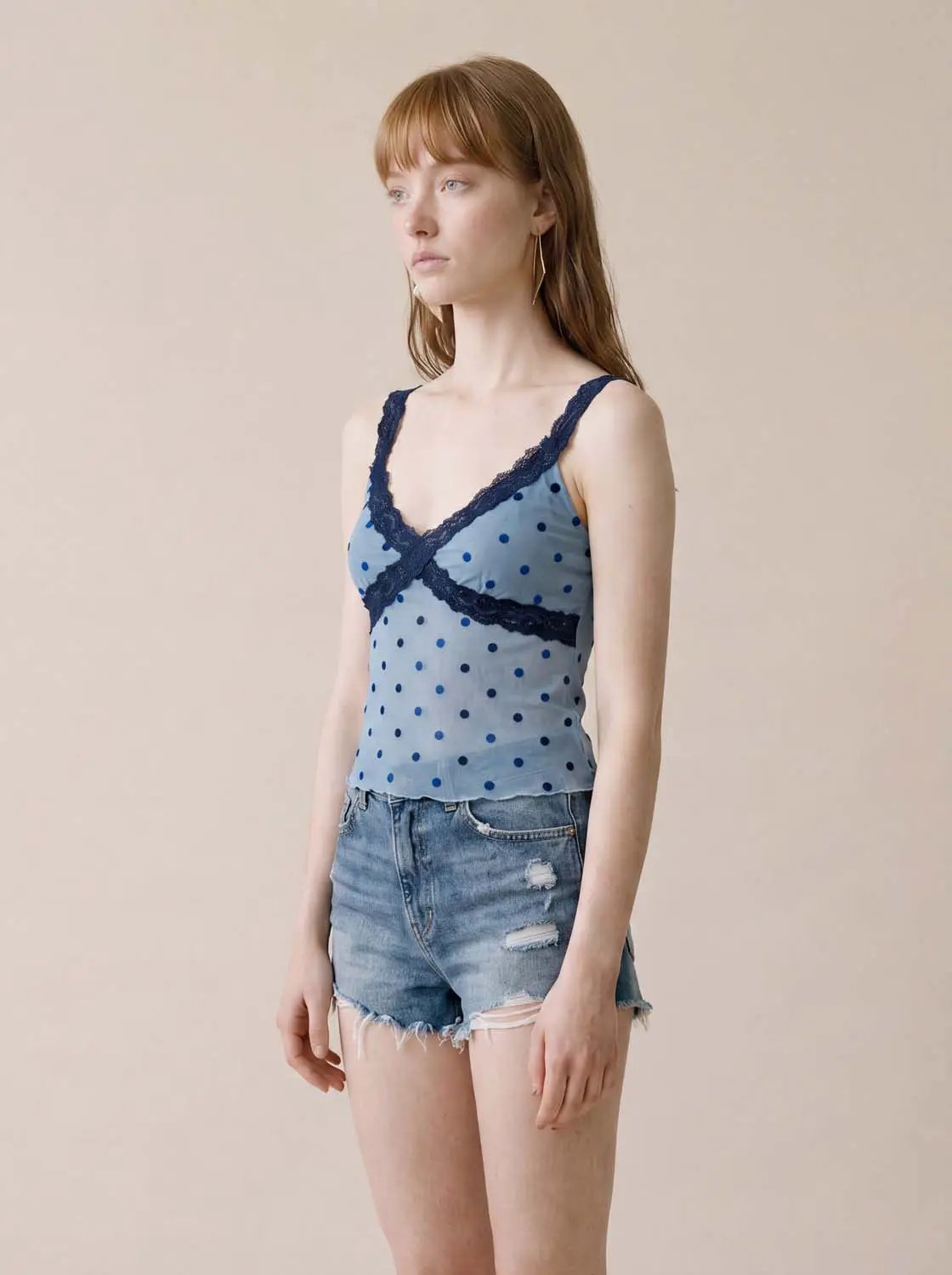 Lace Trim Polka Dot Light Blue Sleeveless Cami Top