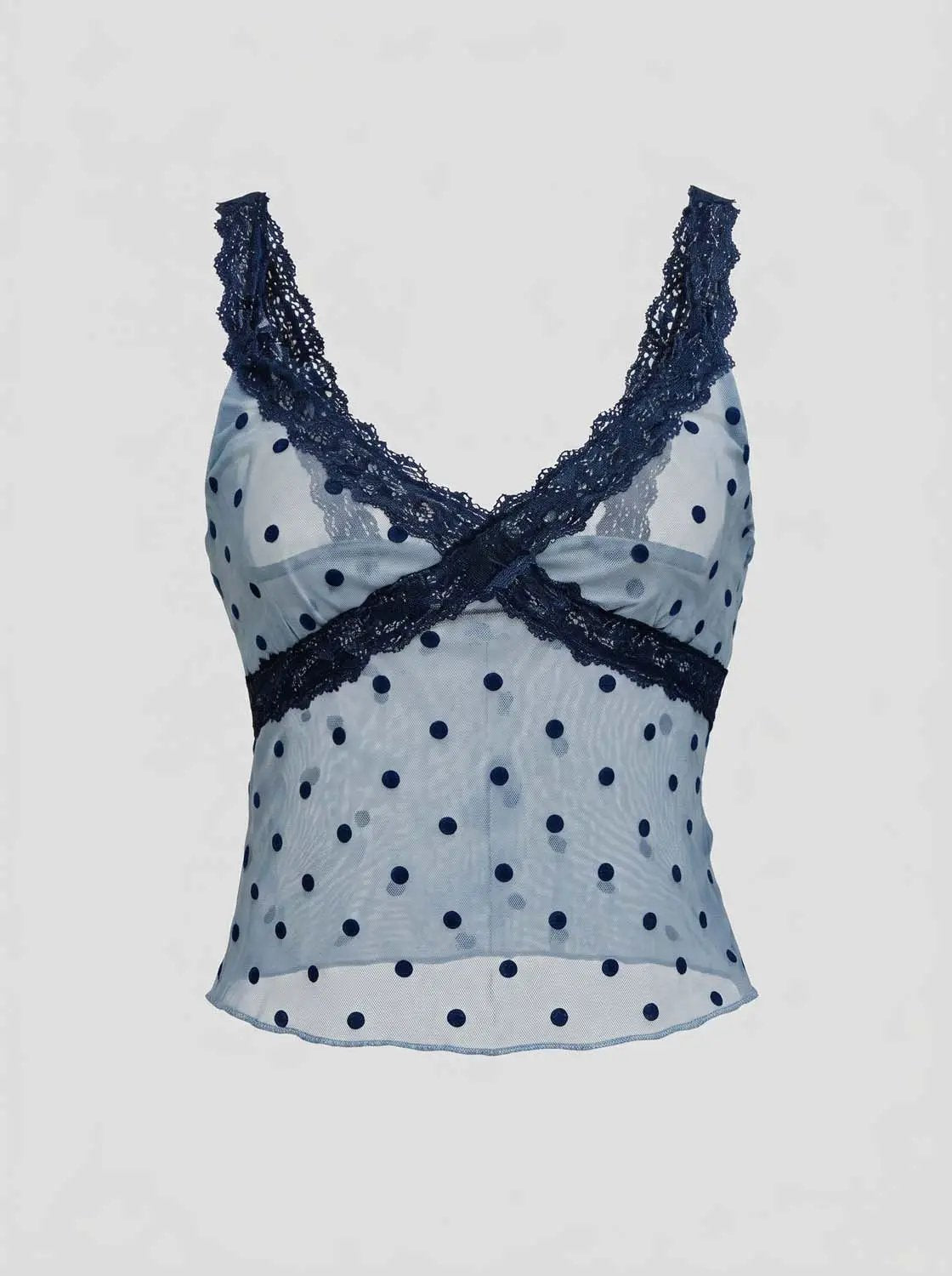 Lace Trim Polka Dot Light Blue Sleeveless Cami Top