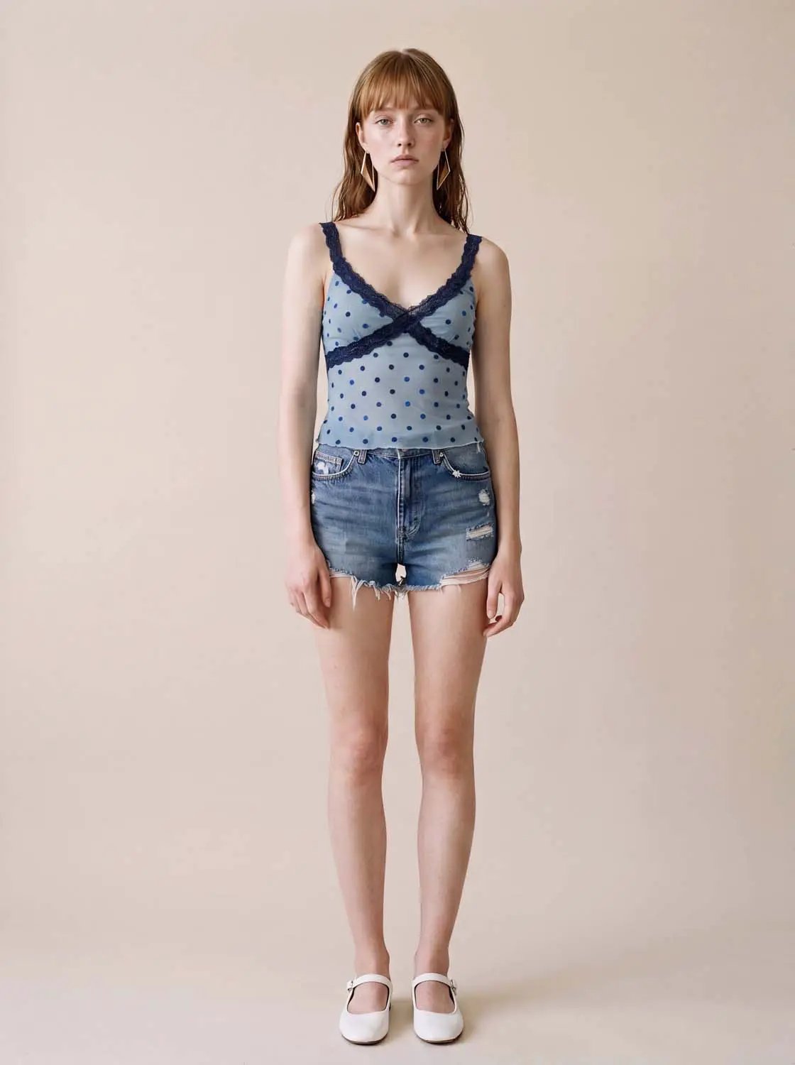 Lace Trim Polka Dot Light Blue Sleeveless Cami Top