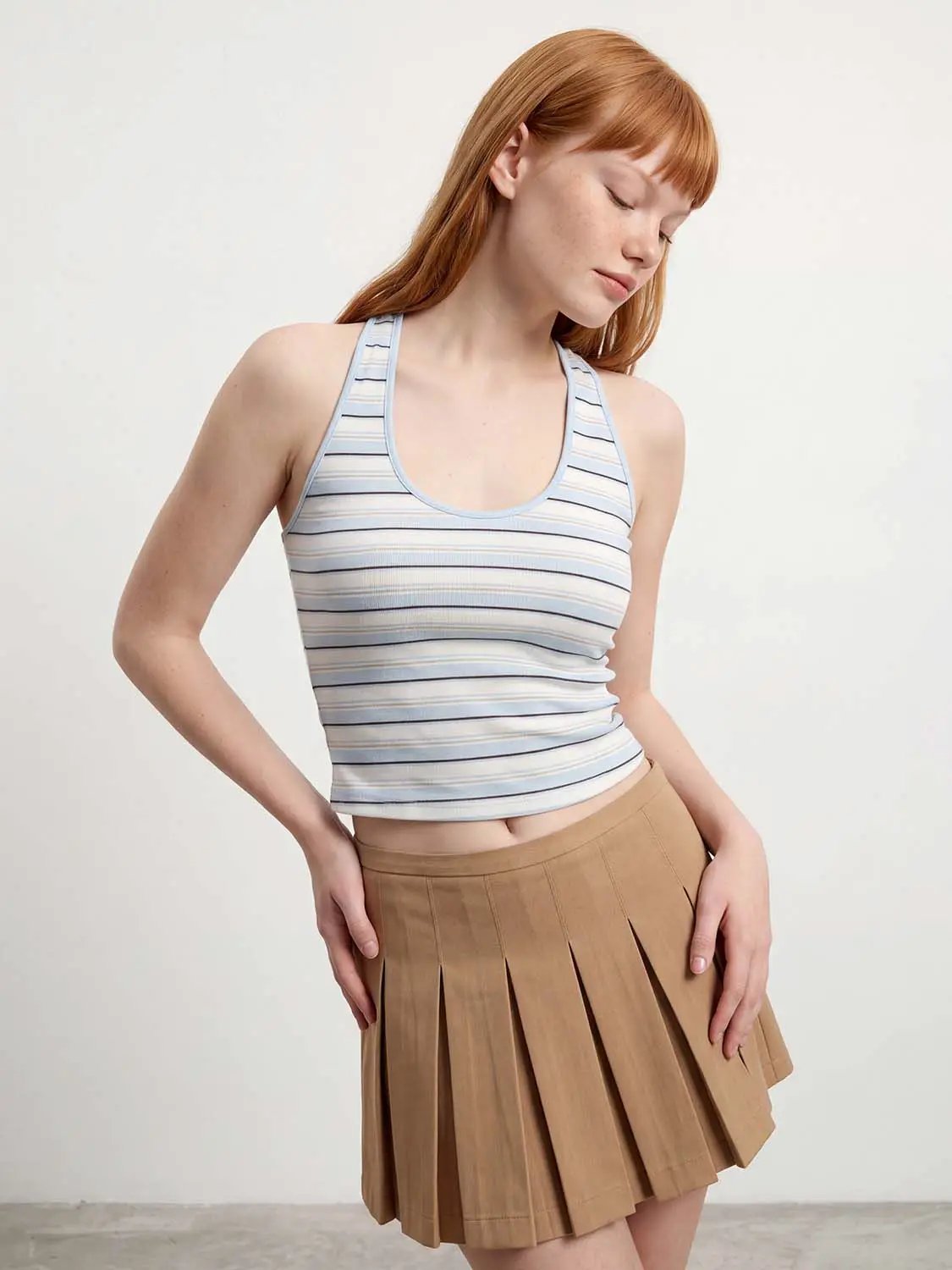 Ribbed Blue Striped Fitted Sleeveless Tank Top
