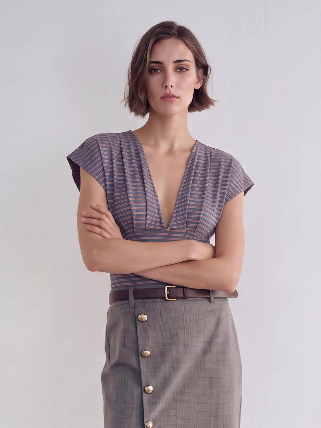 Striped Wrap V-Neck Short Sleeve Cotton T-Shirt