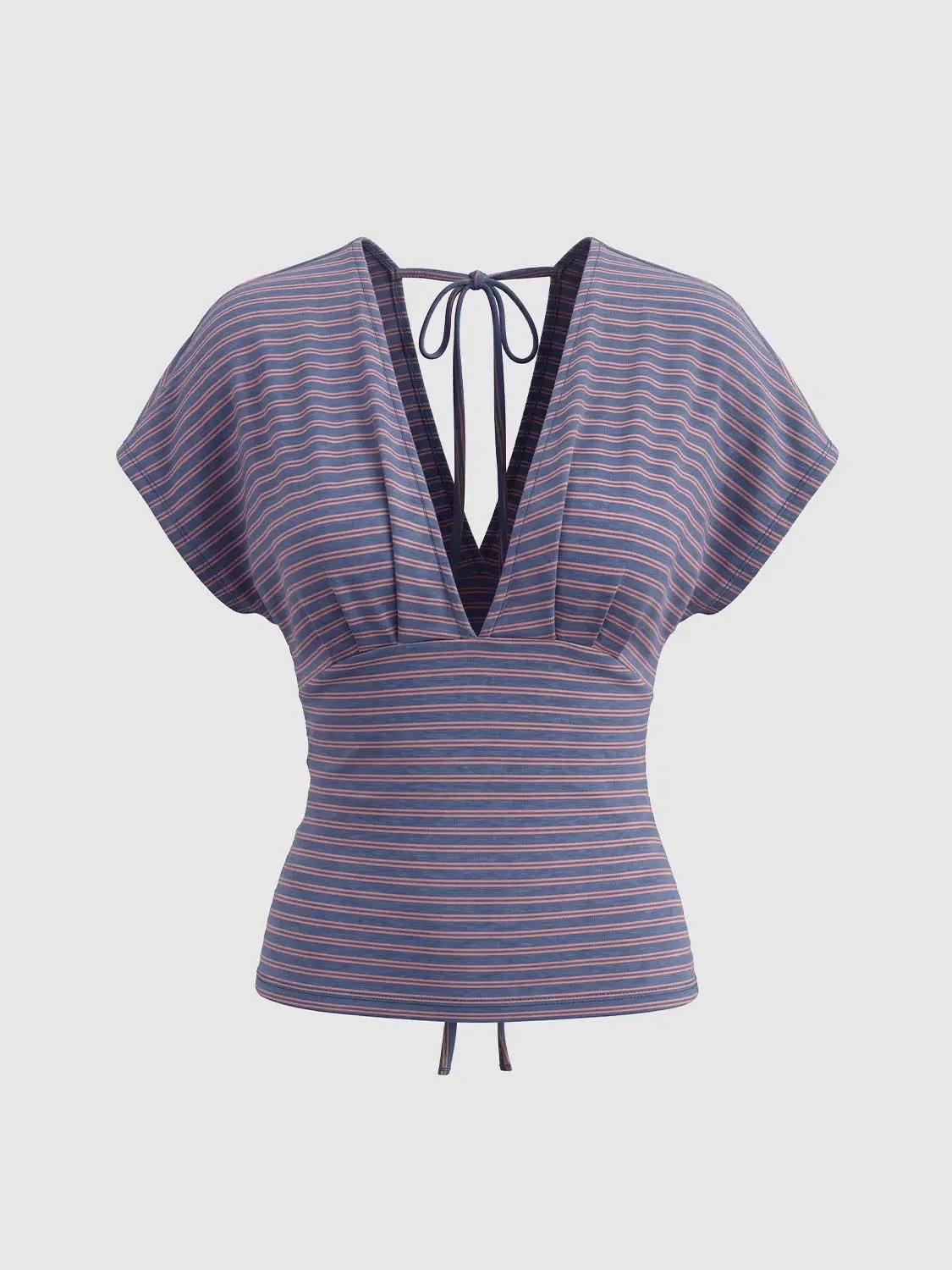 Striped Wrap V-Neck Short Sleeve Cotton T-Shirt