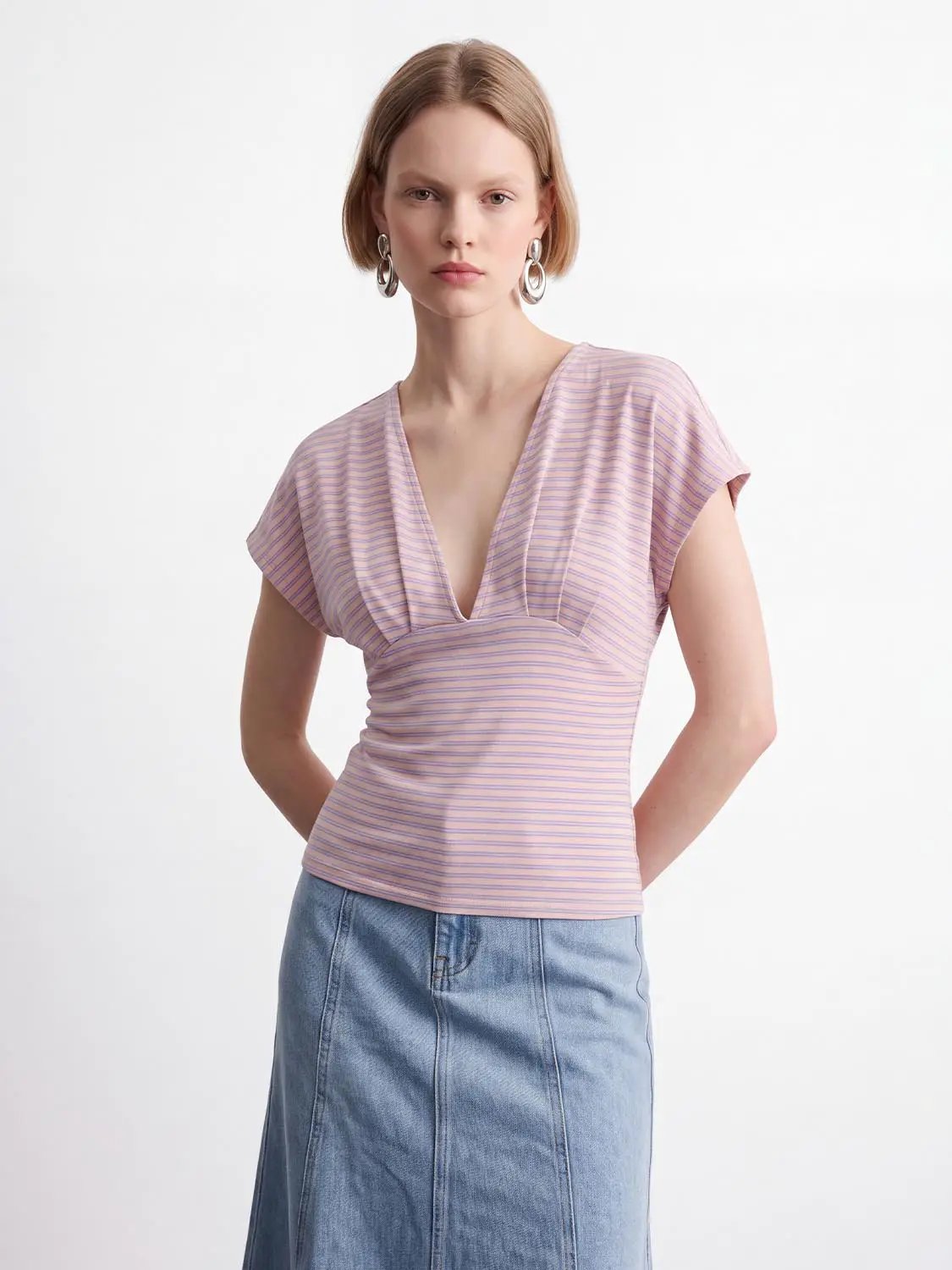 Striped Wrap V-Neck Short Sleeve Cotton T-Shirt