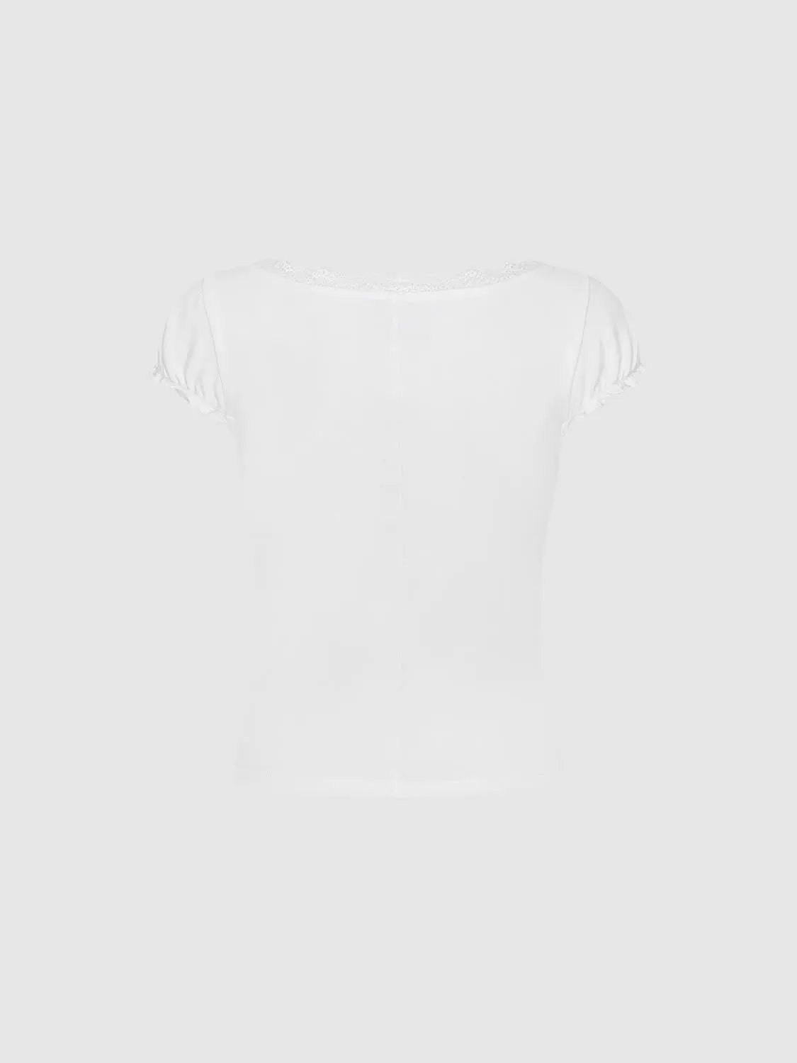 Lace Trim Ruffled Scoop Neck Cotton Tee