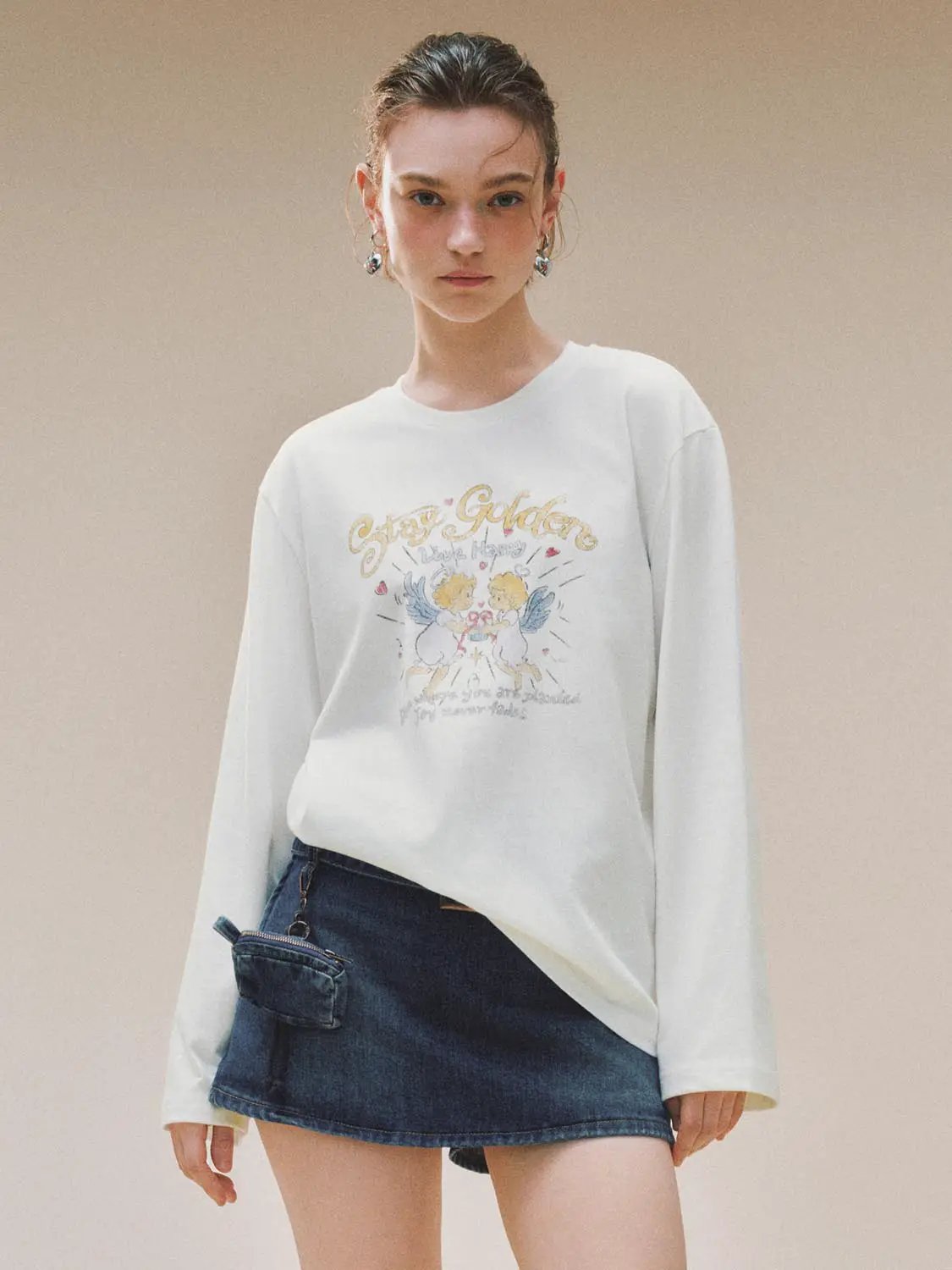 Printed Crew Neck Long Sleeve Cotton Blend T-shirt