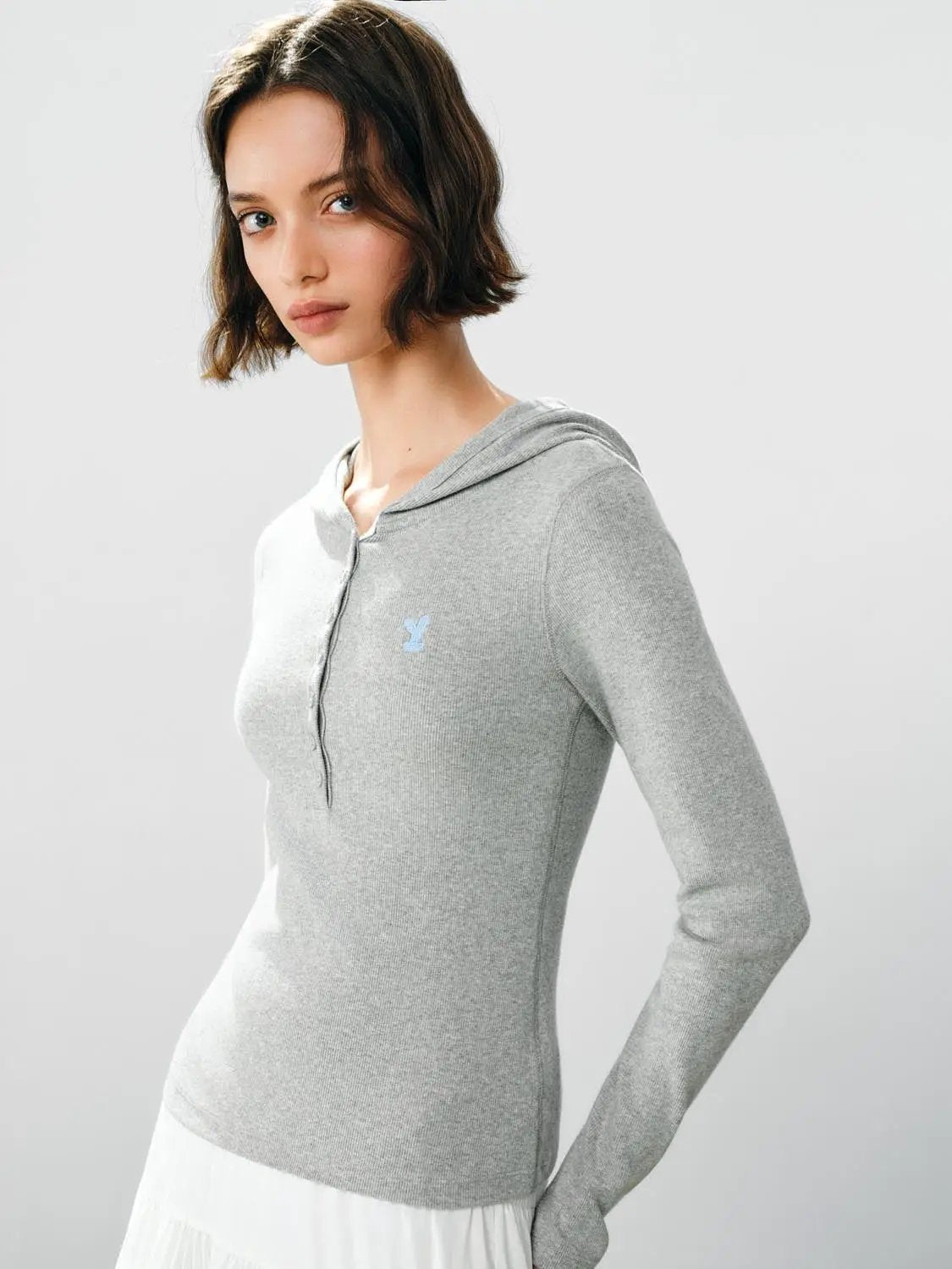 Embroidered Button Front Long Sleeve Cotton Blend Pullover
