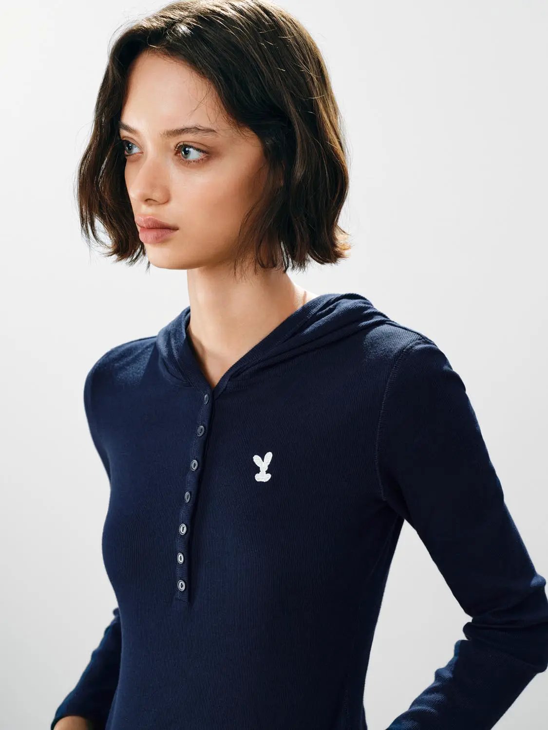 Embroidered Button Front Long Sleeve Cotton Blend Pullover