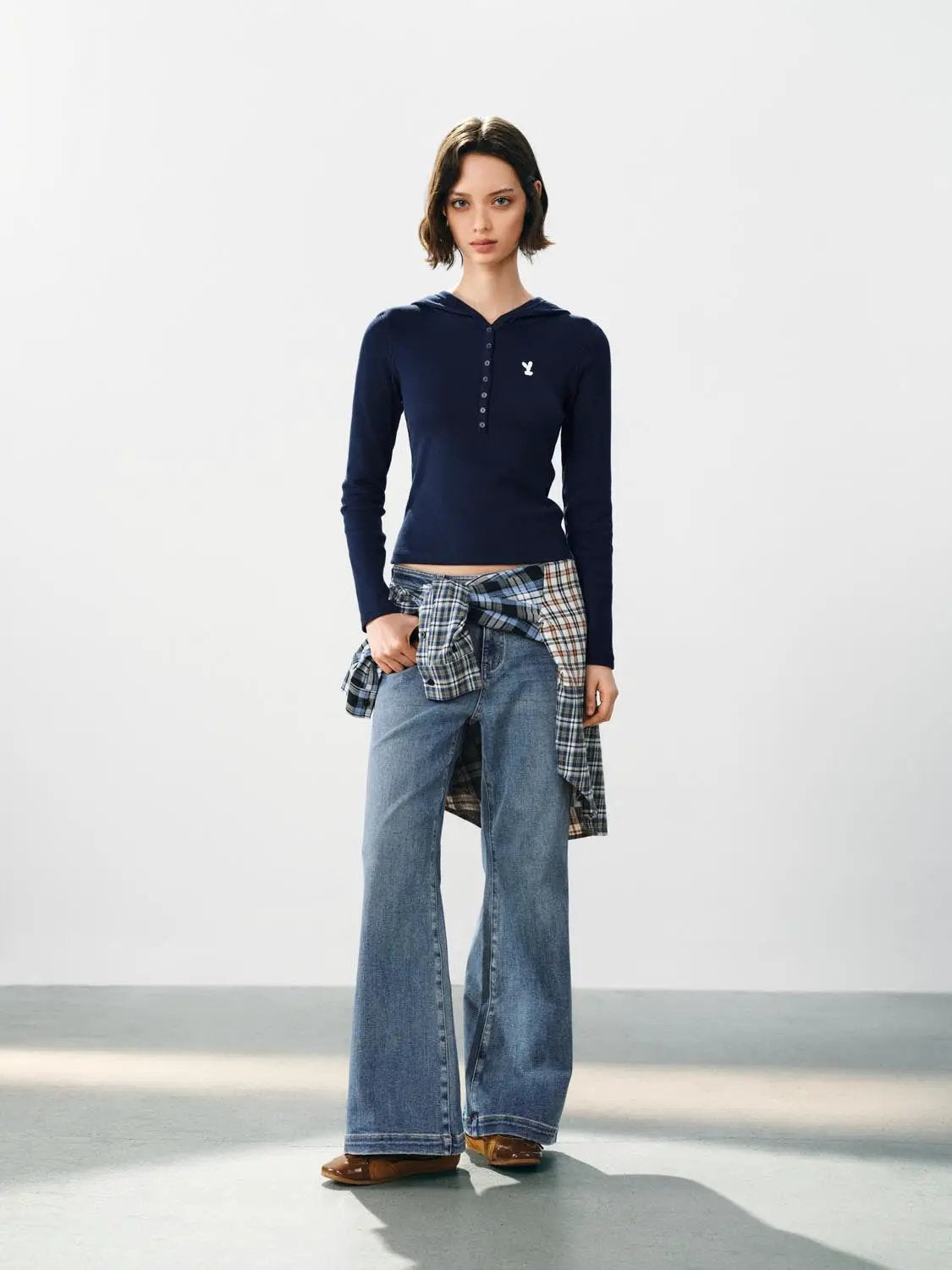 Embroidered Button Front Long Sleeve Cotton Blend Pullover