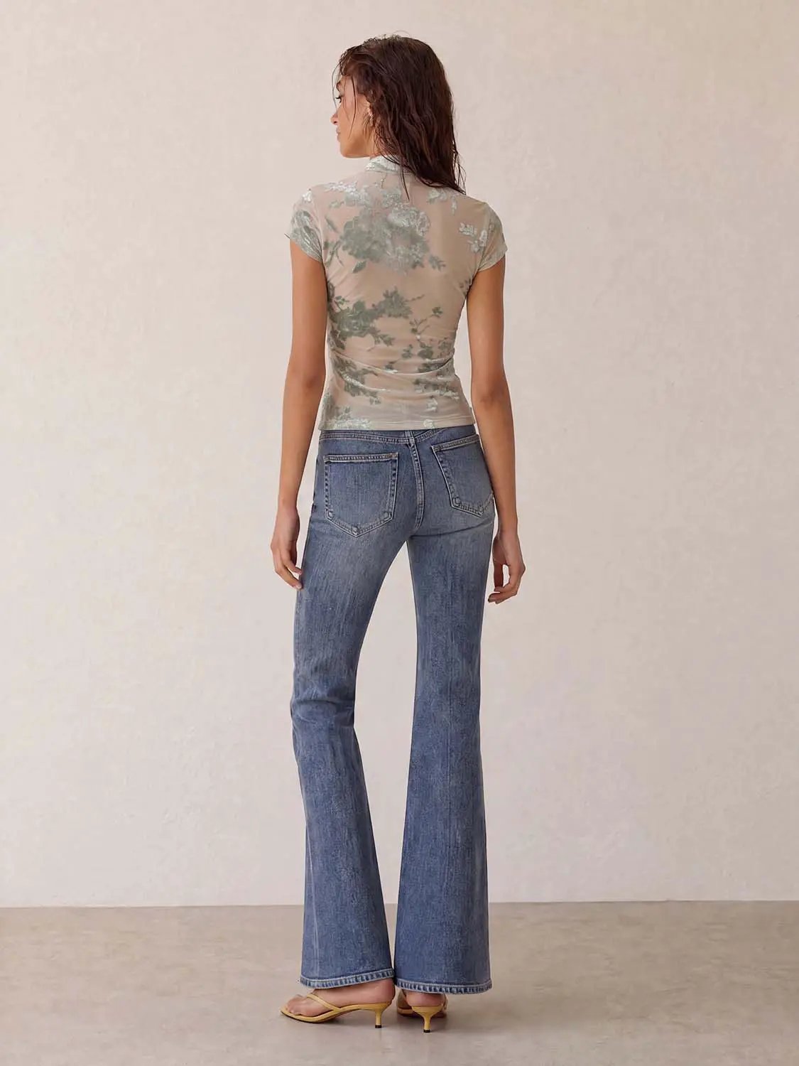 Burnt-out Floral Print Cutout Short Sleeve T-shirt