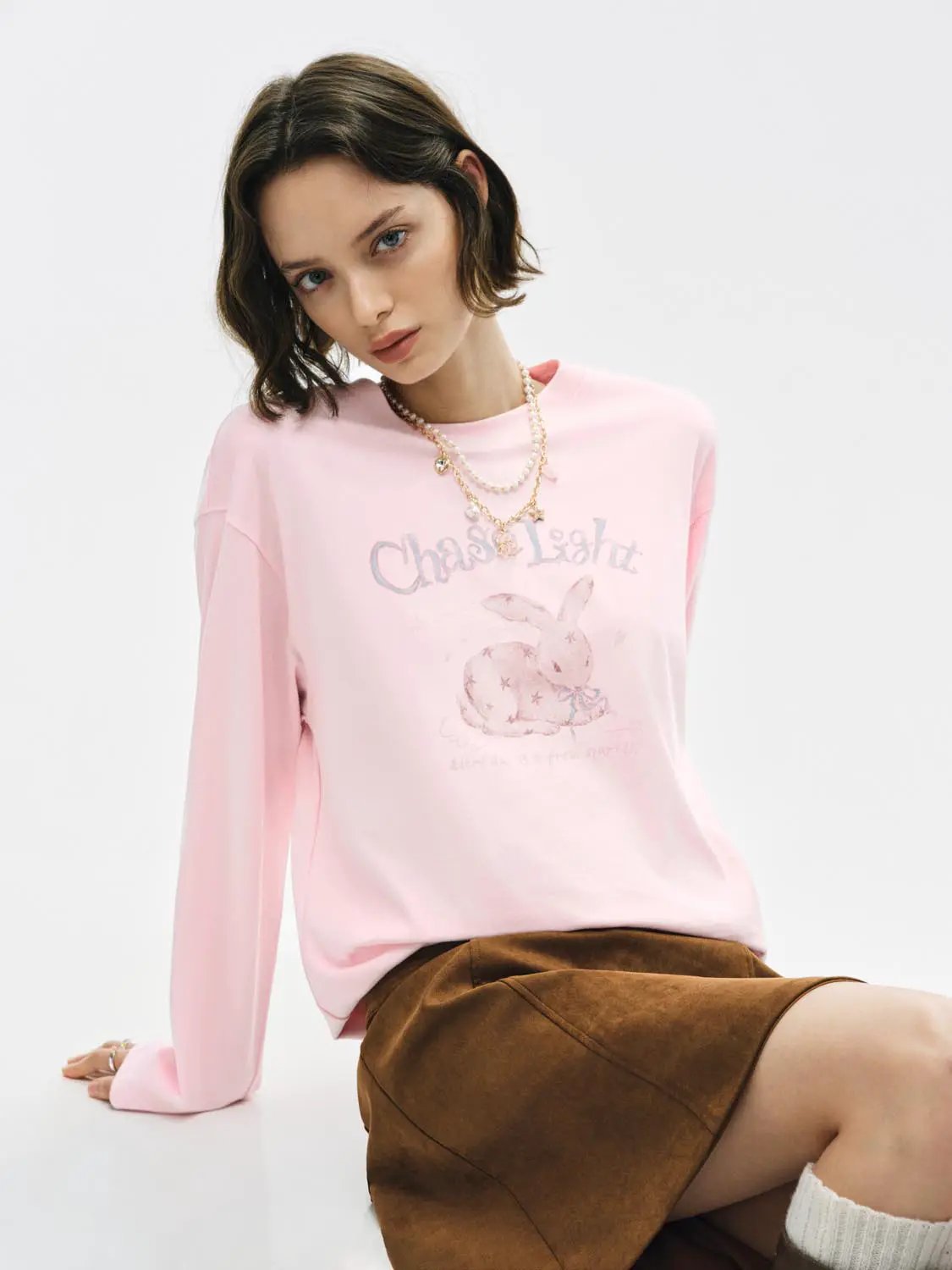 Graphic Print Crew Neck Long Sleeve Cotton Blend T-Shirt