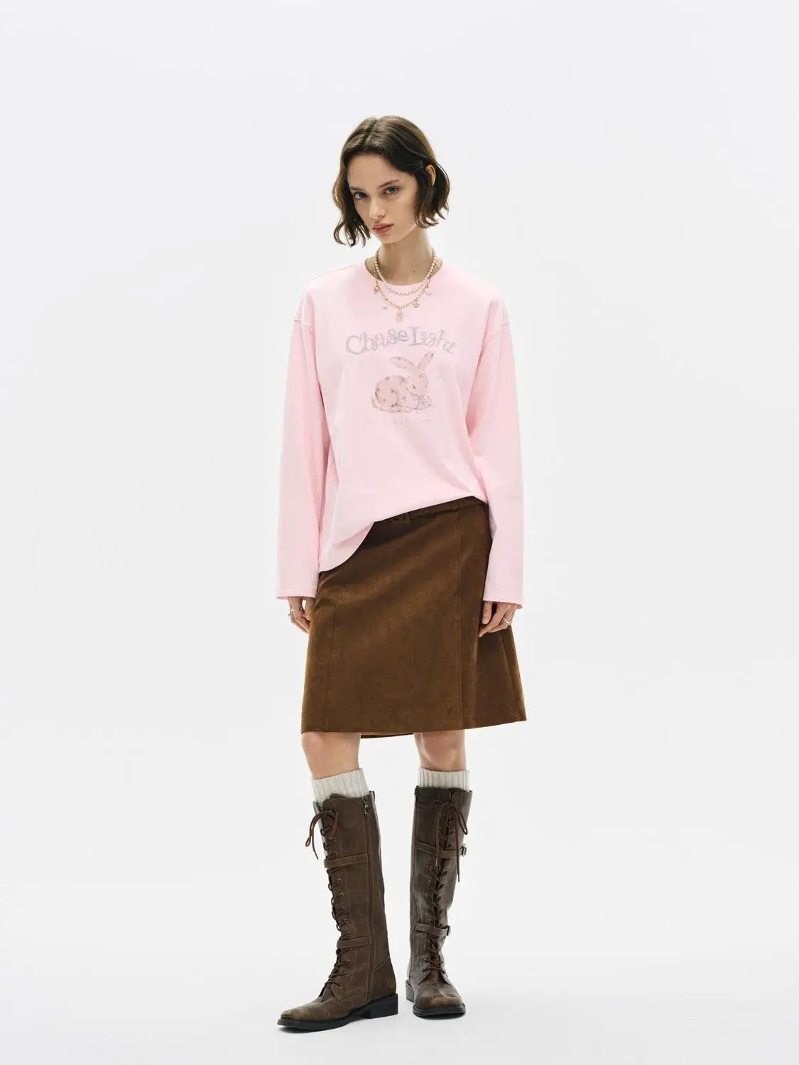Graphic Print Crew Neck Long Sleeve Cotton Blend T-Shirt