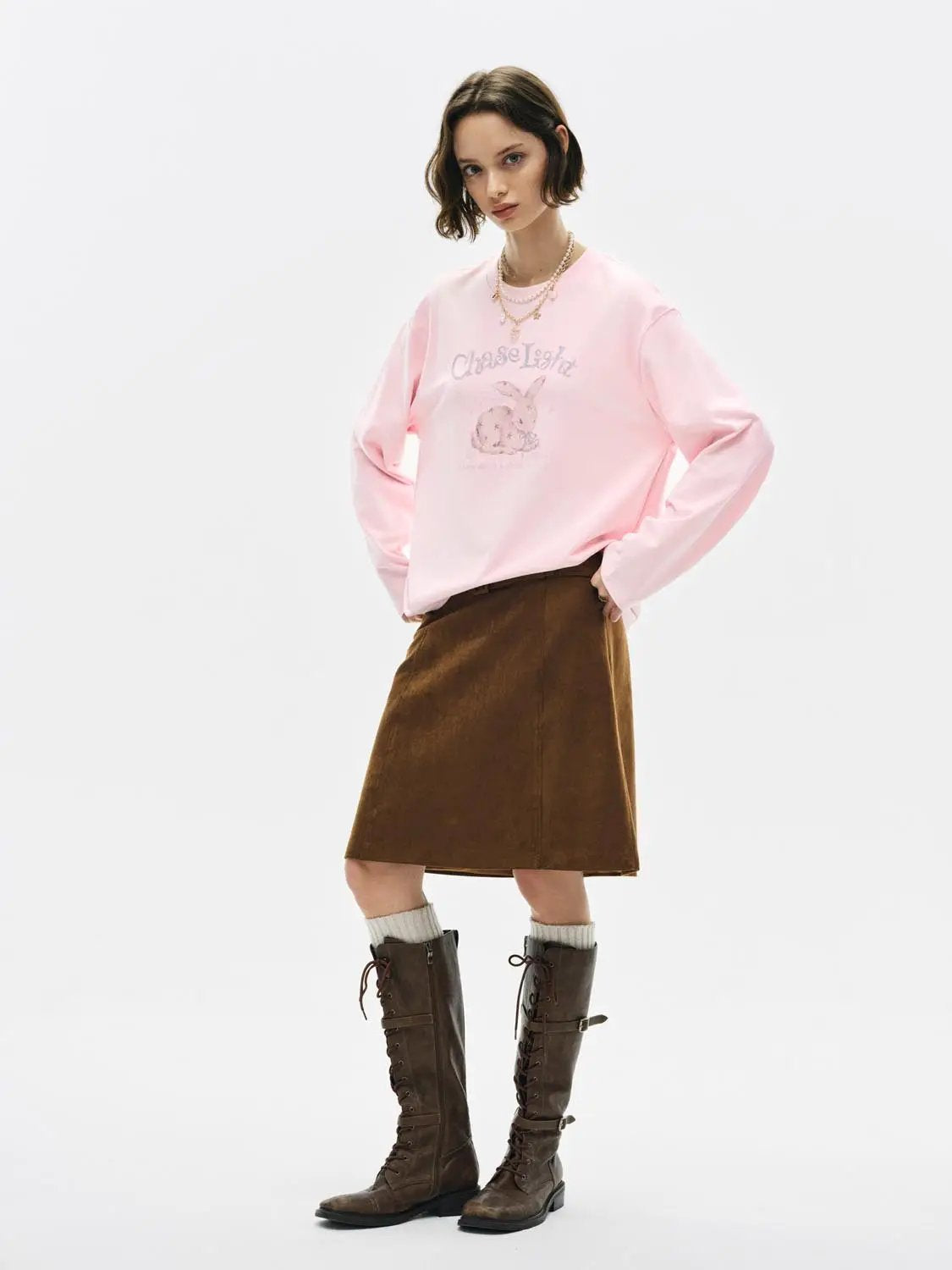 Graphic Print Crew Neck Long Sleeve Cotton Blend T-Shirt