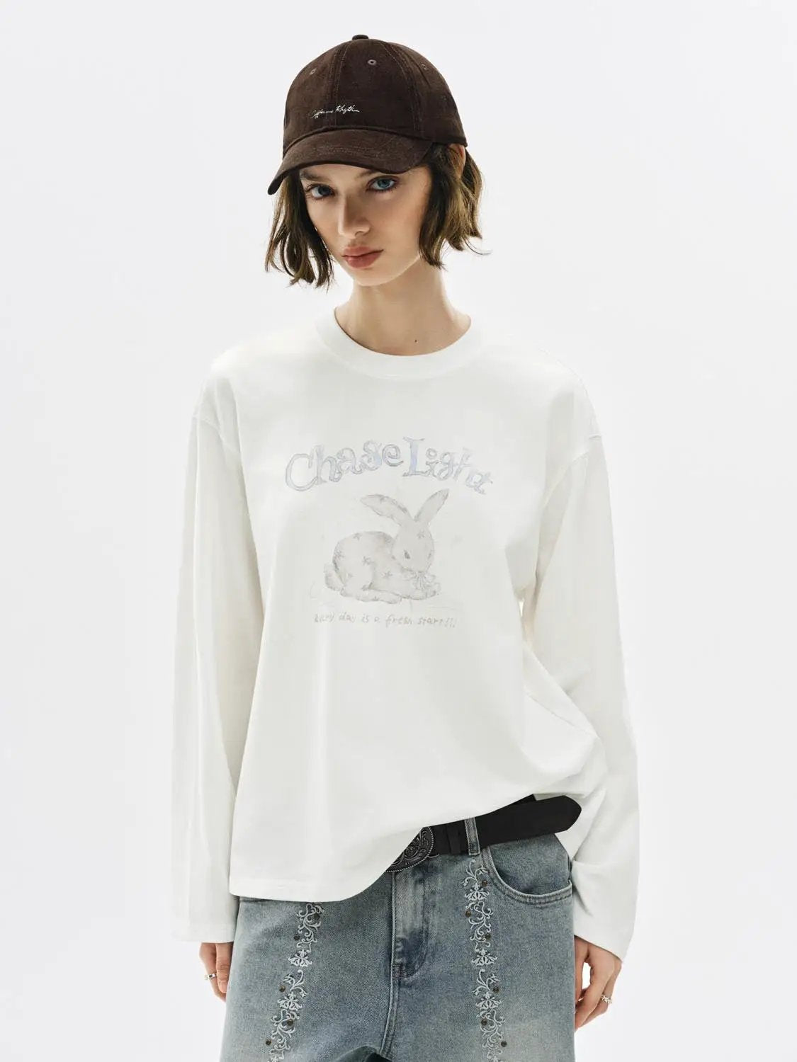 Graphic Print Crew Neck Long Sleeve Cotton Blend T-Shirt