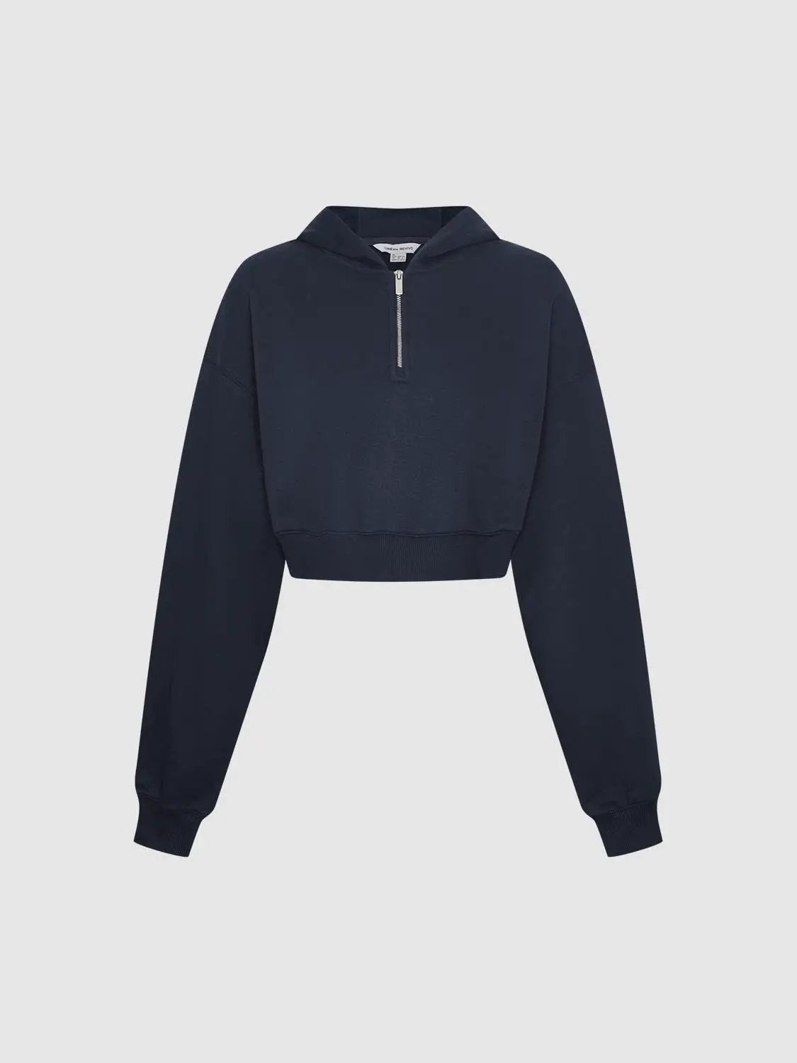 Cropped Ribbed Half-Zip Long Sleeve Cotton Blend Sweatshirt