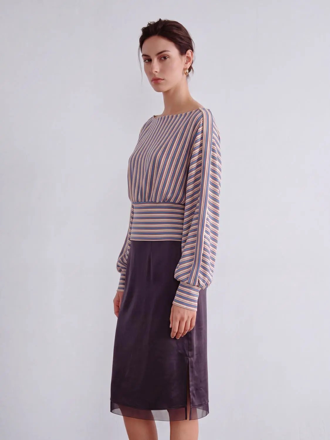 Gathered Striped Boat Neck Long Sleeve Cotton Blend T-Shirt