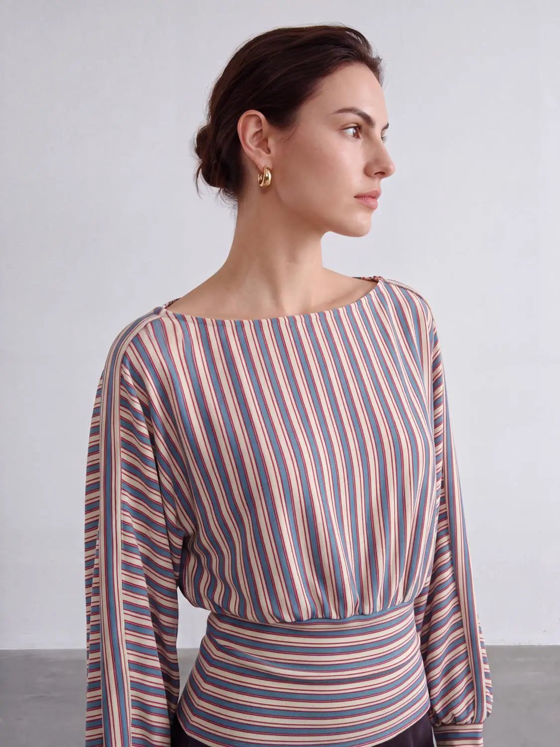 Gathered Striped Boat Neck Long Sleeve Cotton Blend T-Shirt