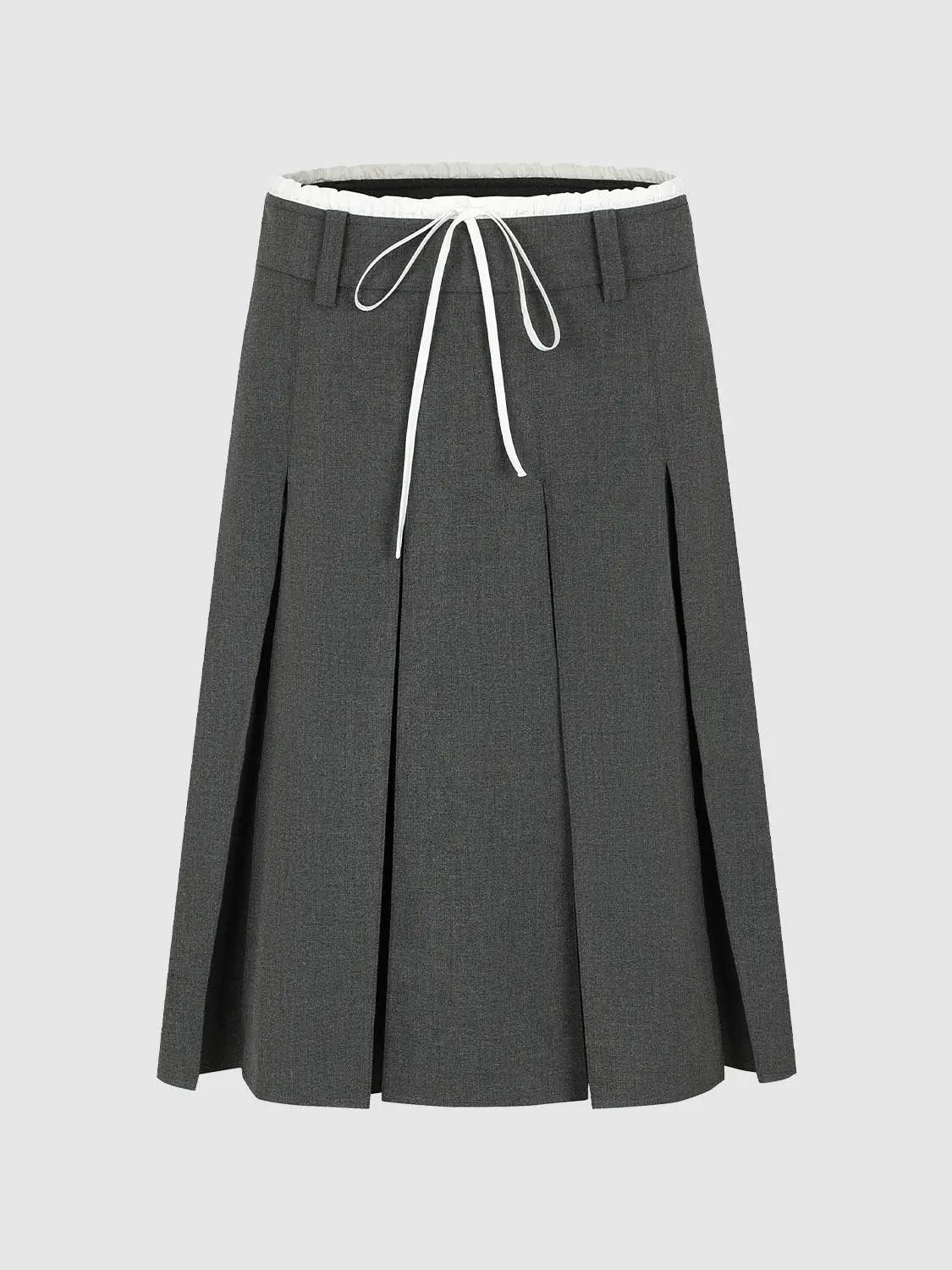 High Waist Drawstring Pleated A-Line Contrast Trim Skirt