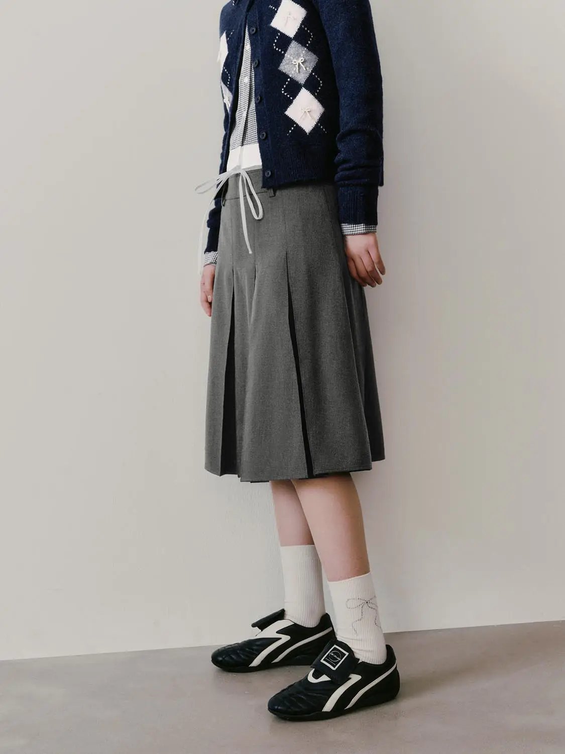 High Waist Drawstring Pleated A-Line Contrast Trim Skirt