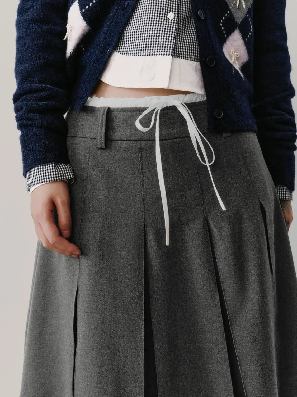 High Waist Drawstring Pleated A-Line Contrast Trim Skirt