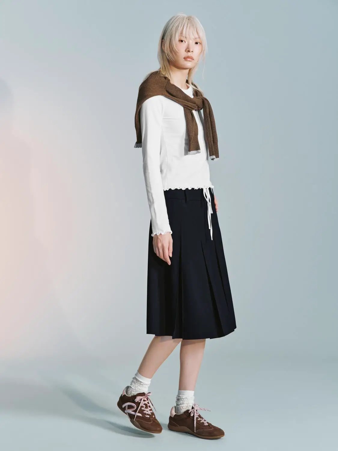 High Waist Drawstring Pleated A-Line Contrast Trim Skirt