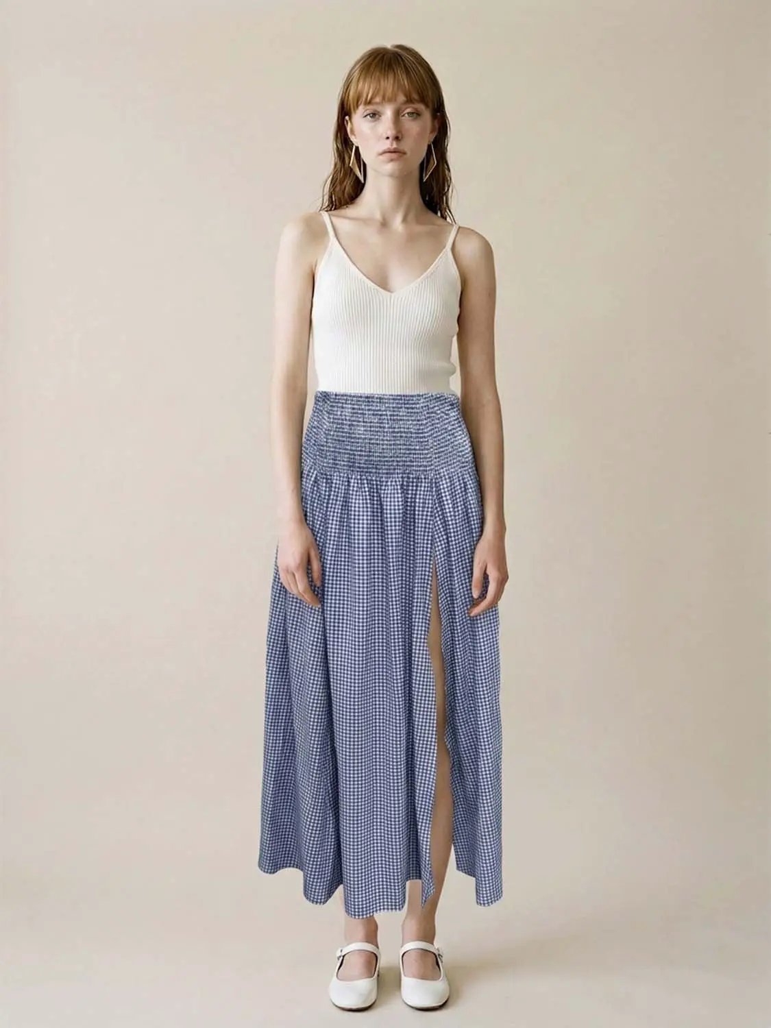 Shirred Weave Side Slit A-Line Midi Skirt