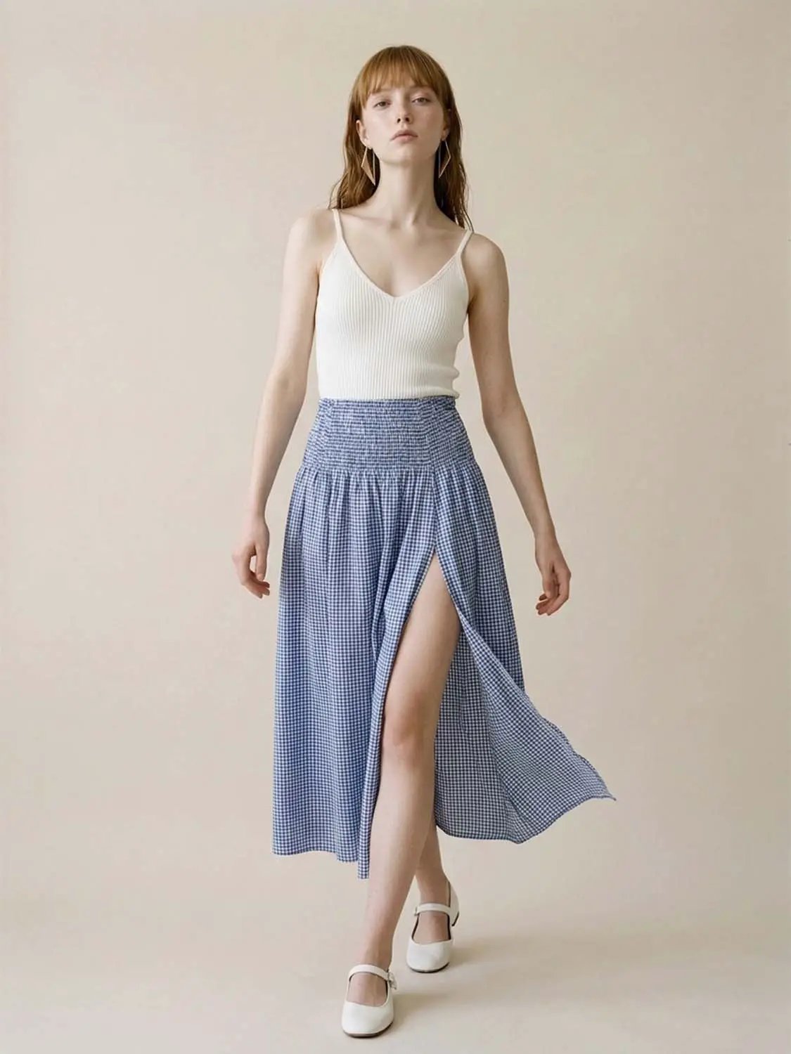 Shirred Weave Side Slit A-Line Midi Skirt