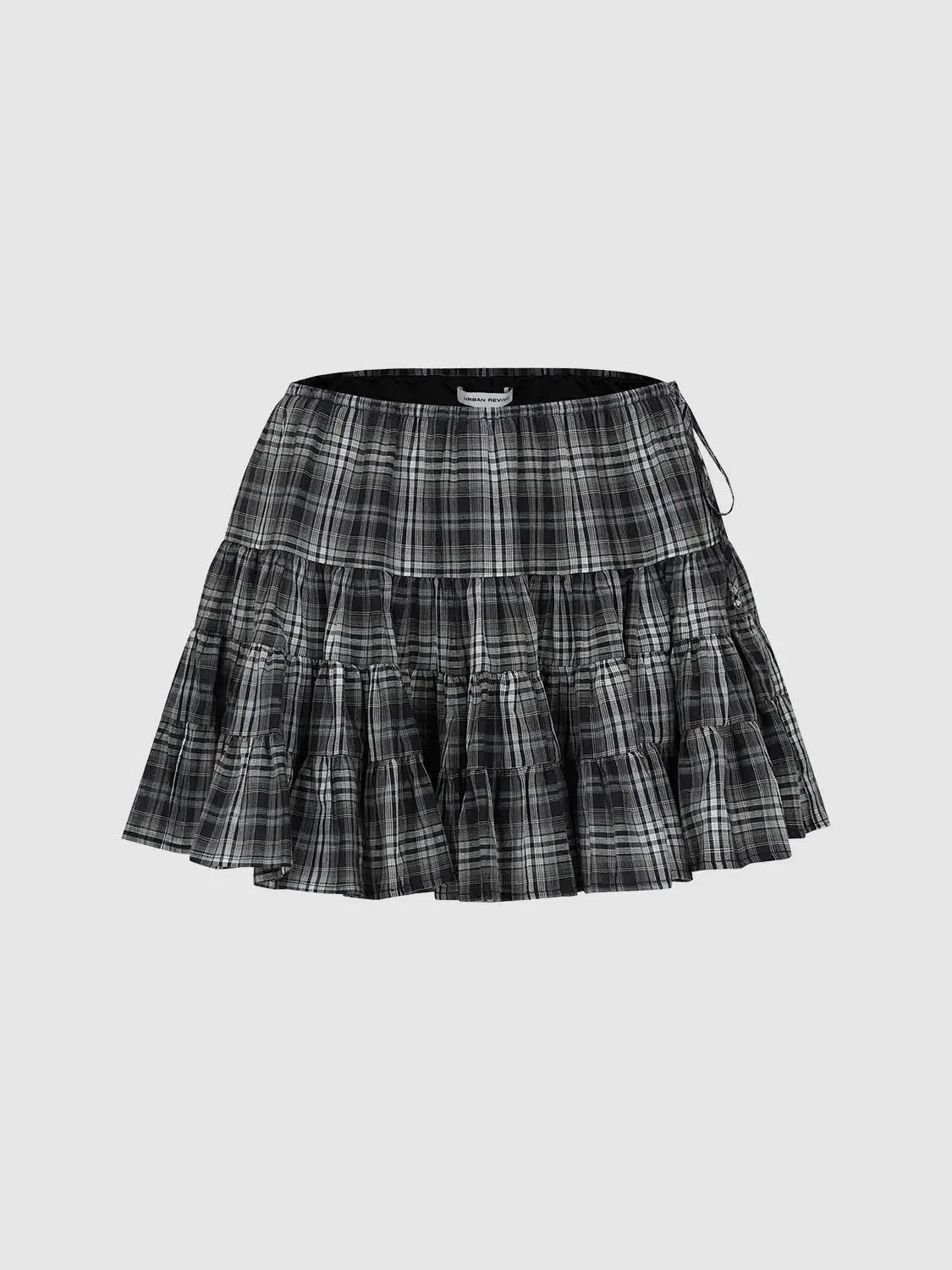 A-line Plaid Layered Ruffle Cotton Skirt