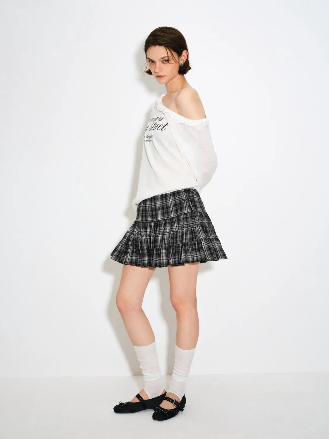 A-line Plaid Layered Ruffle Cotton Skirt
