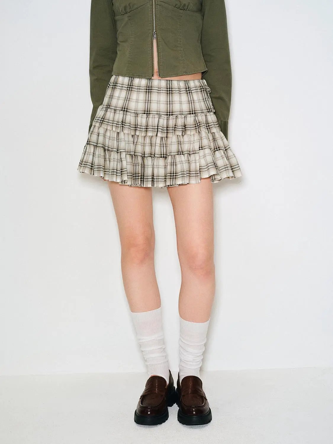 A-line Plaid Layered Ruffle Cotton Skirt