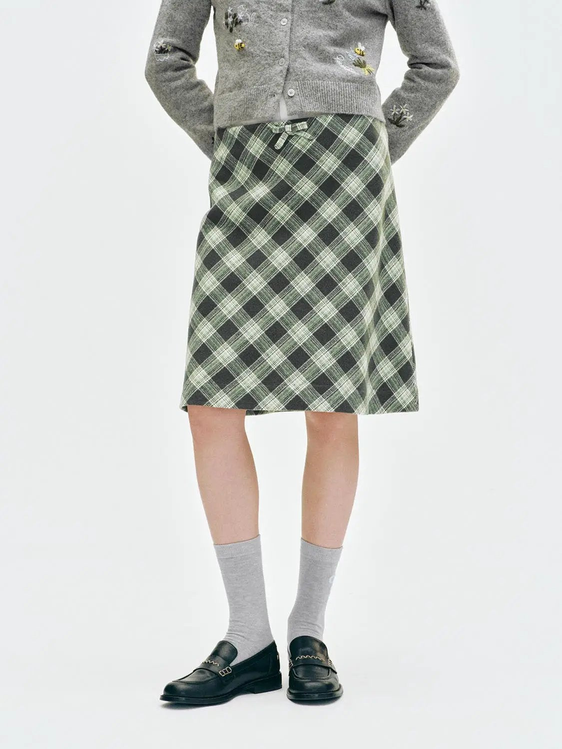 Bow Waist Plaid A-Line Mini Wool Blend Skirt