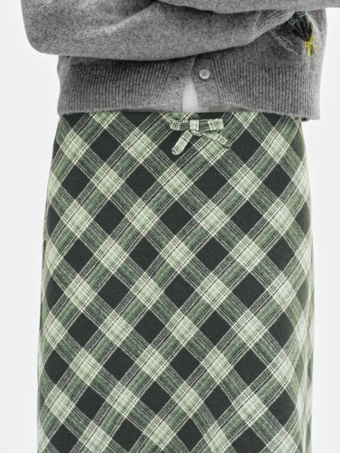 Bow Waist Plaid A-Line Mini Wool Blend Skirt