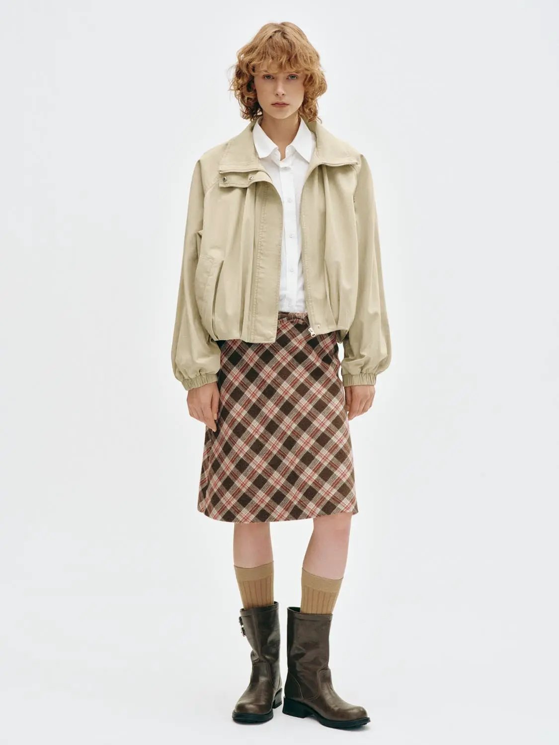 Bow Waist Plaid A-Line Mini Wool Blend Skirt