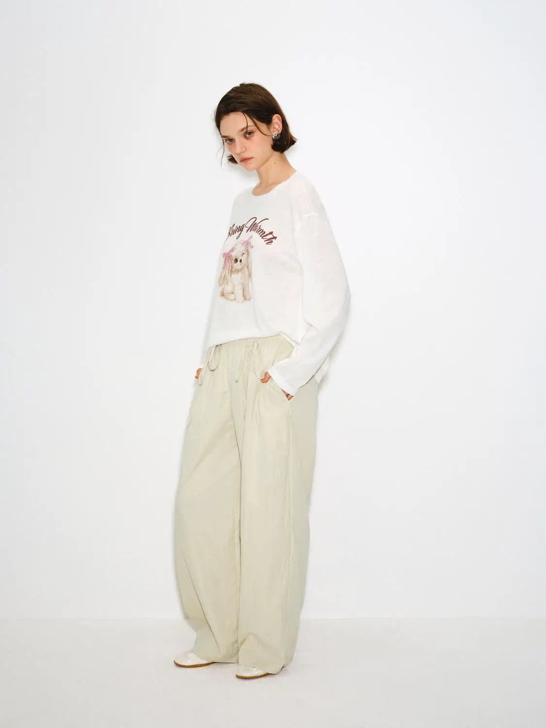 Lightweight Drawstring Waist Wide-leg Pants