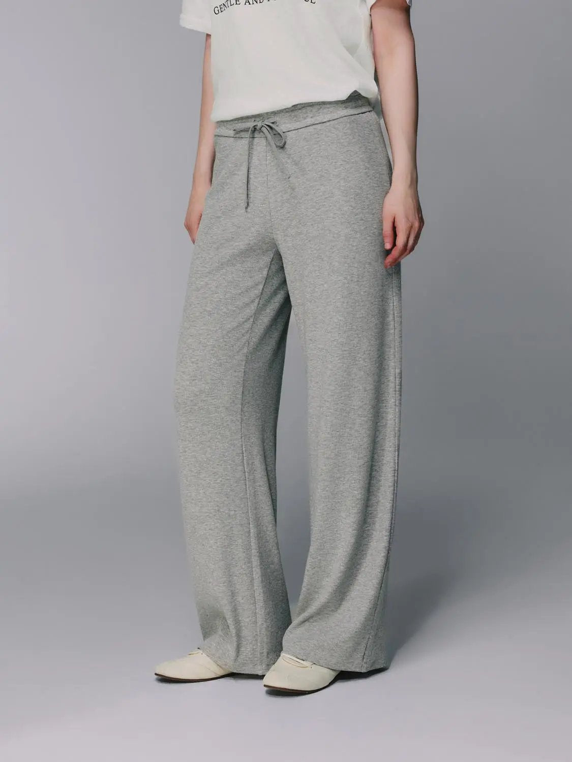 Gray Cotton Blend Drawstring Wide-leg Pants