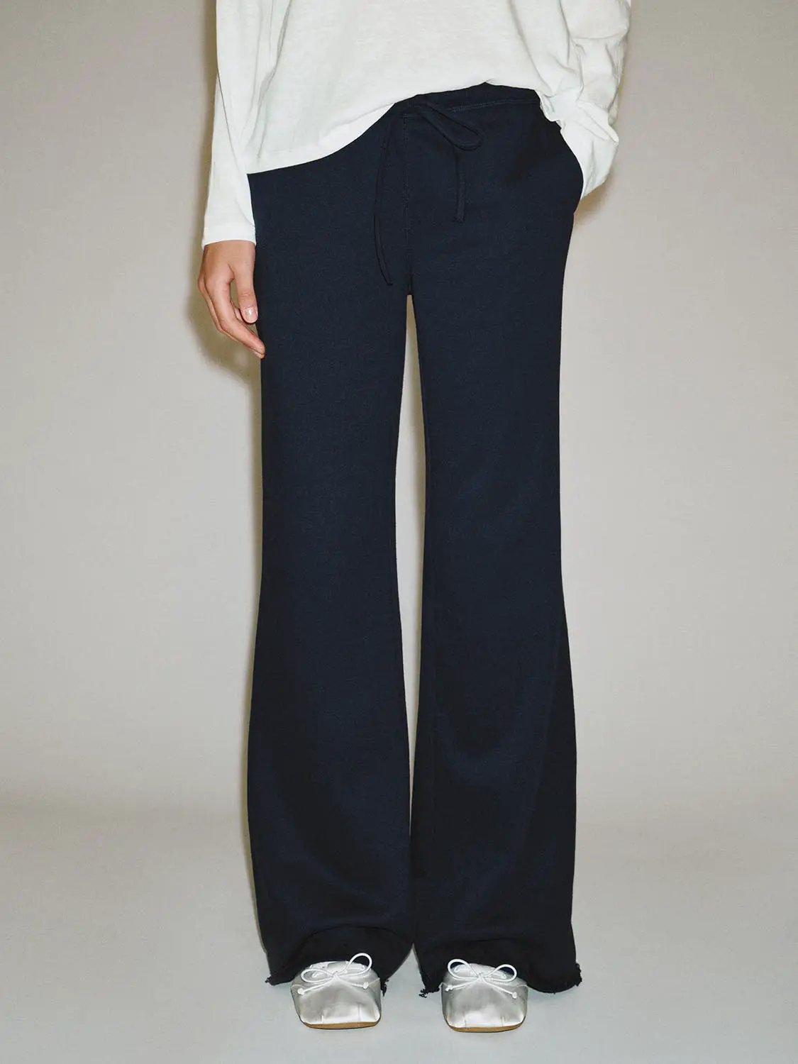 Tie Waist Raw Hem Flare Cotton Blend Pants