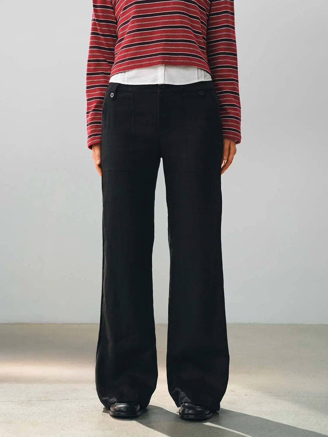 High Waisted Patch Pockets Wide-Leg Linen Blend Pants