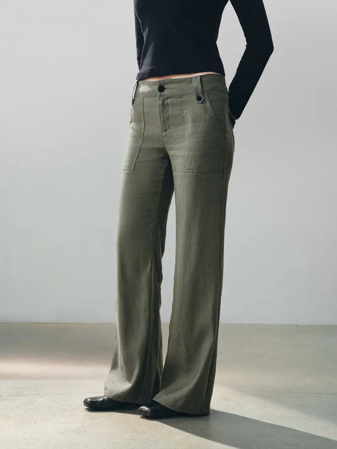 High Waisted Patch Pockets Wide-Leg Linen Blend Pants