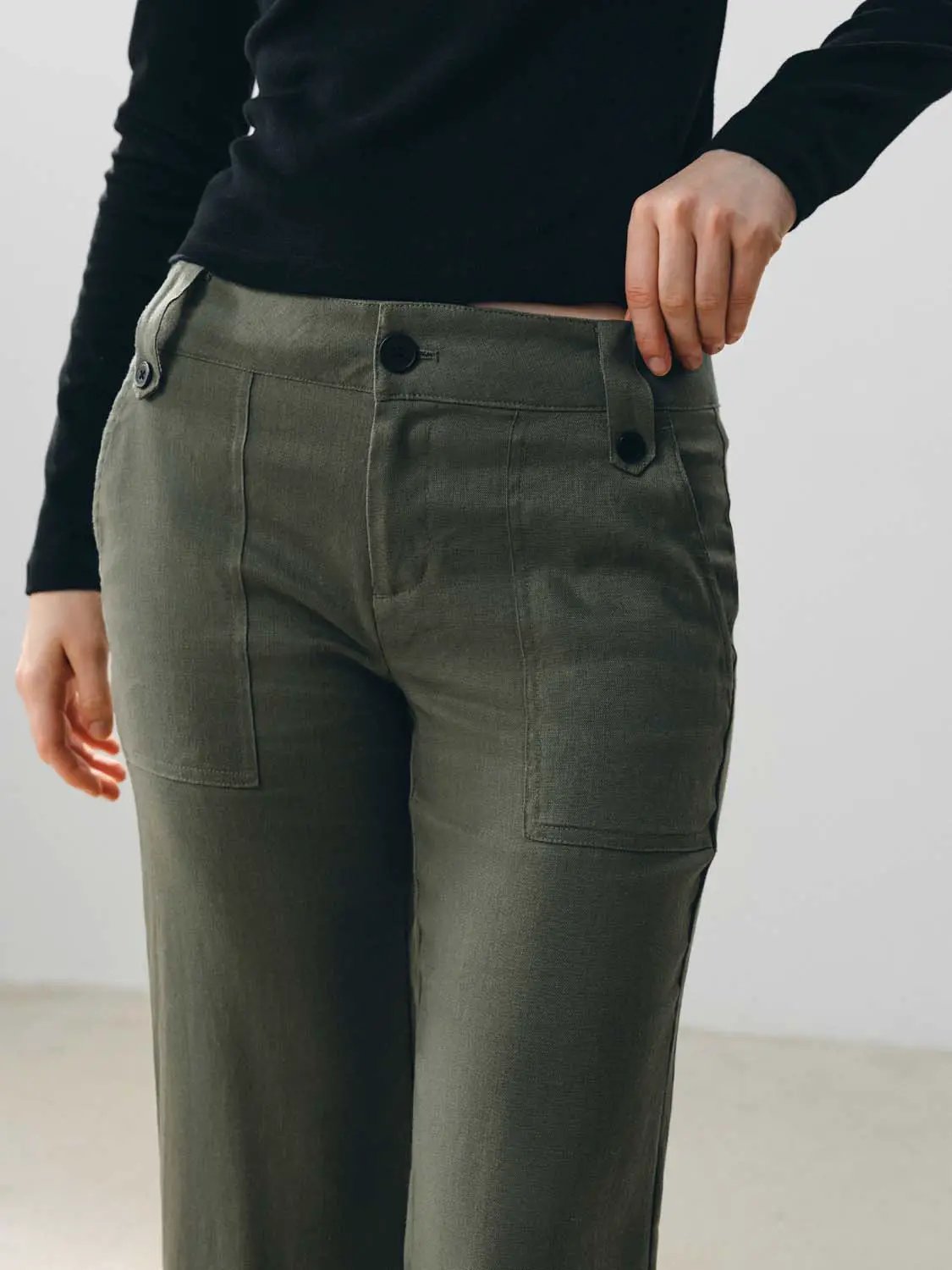 High Waisted Patch Pockets Wide-Leg Linen Blend Pants