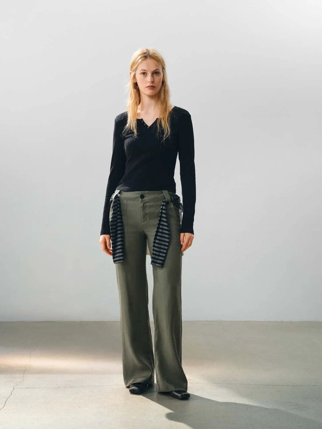 High Waisted Patch Pockets Wide-Leg Linen Blend Pants