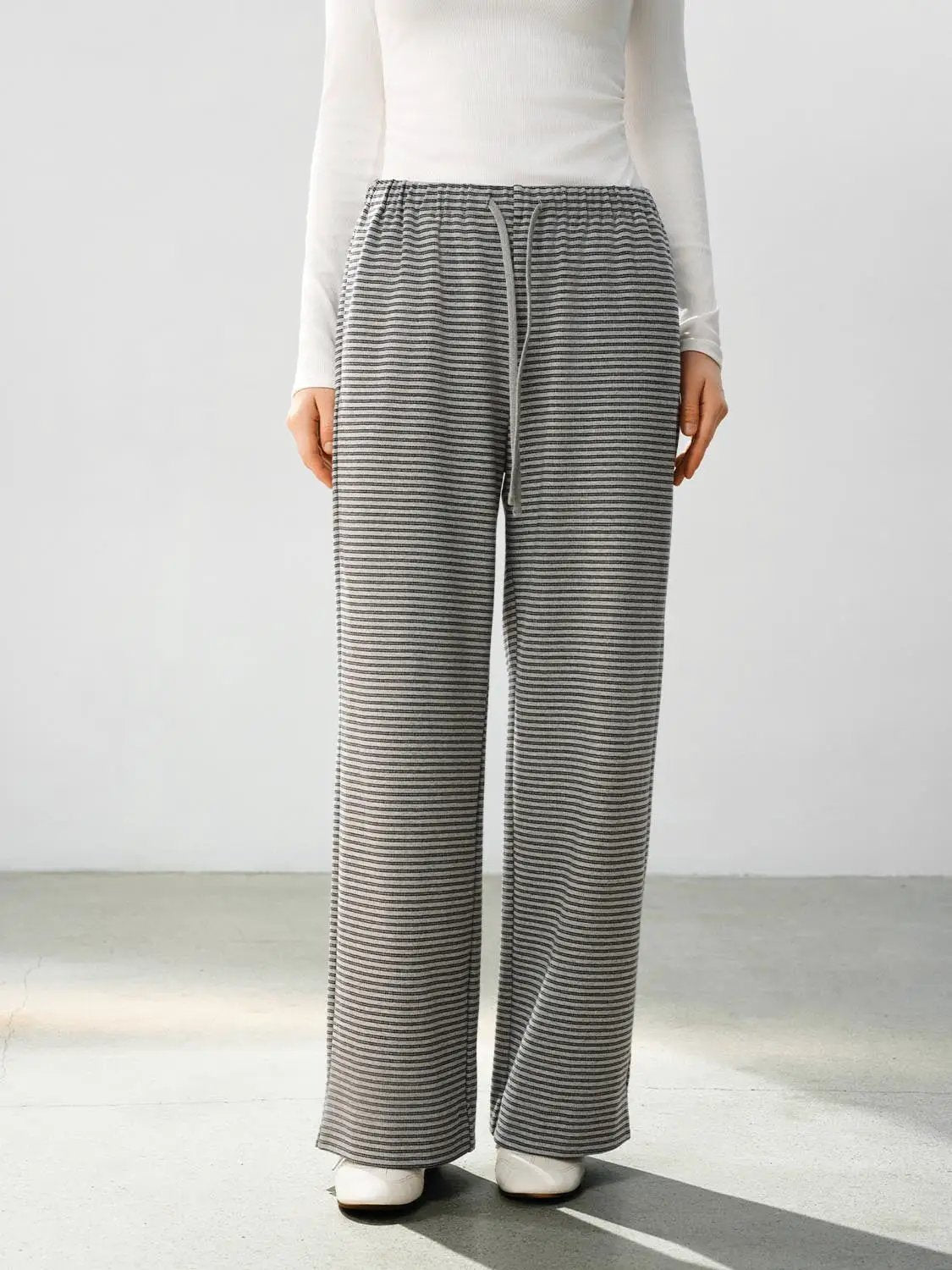 Drawstring Waist Striped Cotton Blend Wide-leg Pants